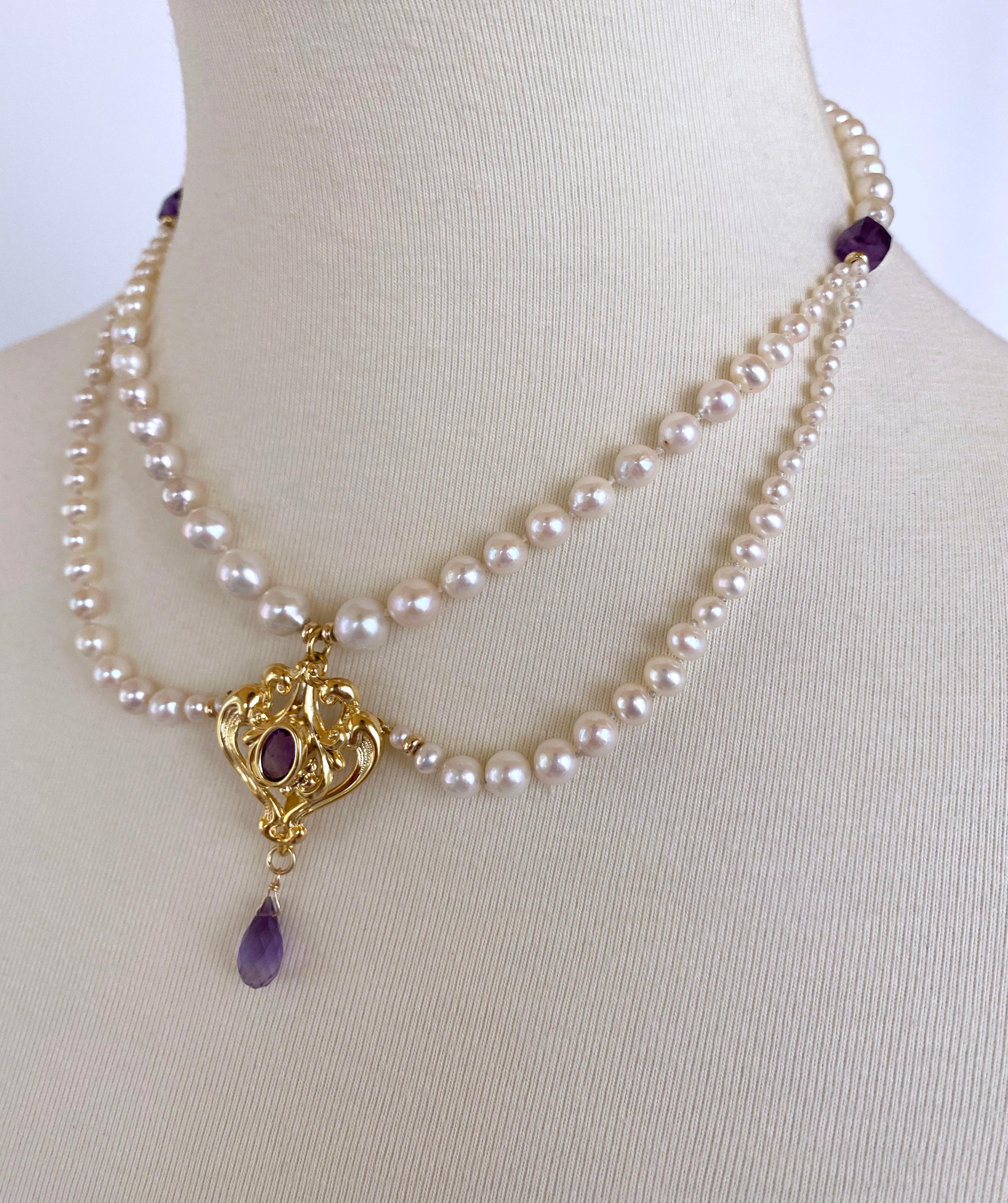 Women's Marina J. Graduated Pearl and Amethyst Necklace with 14K Yellow Gold