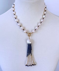 Marina J Graduated Pearl, Blue Sapphire & Solid 14k Yellow Gold Tassel Necklace
