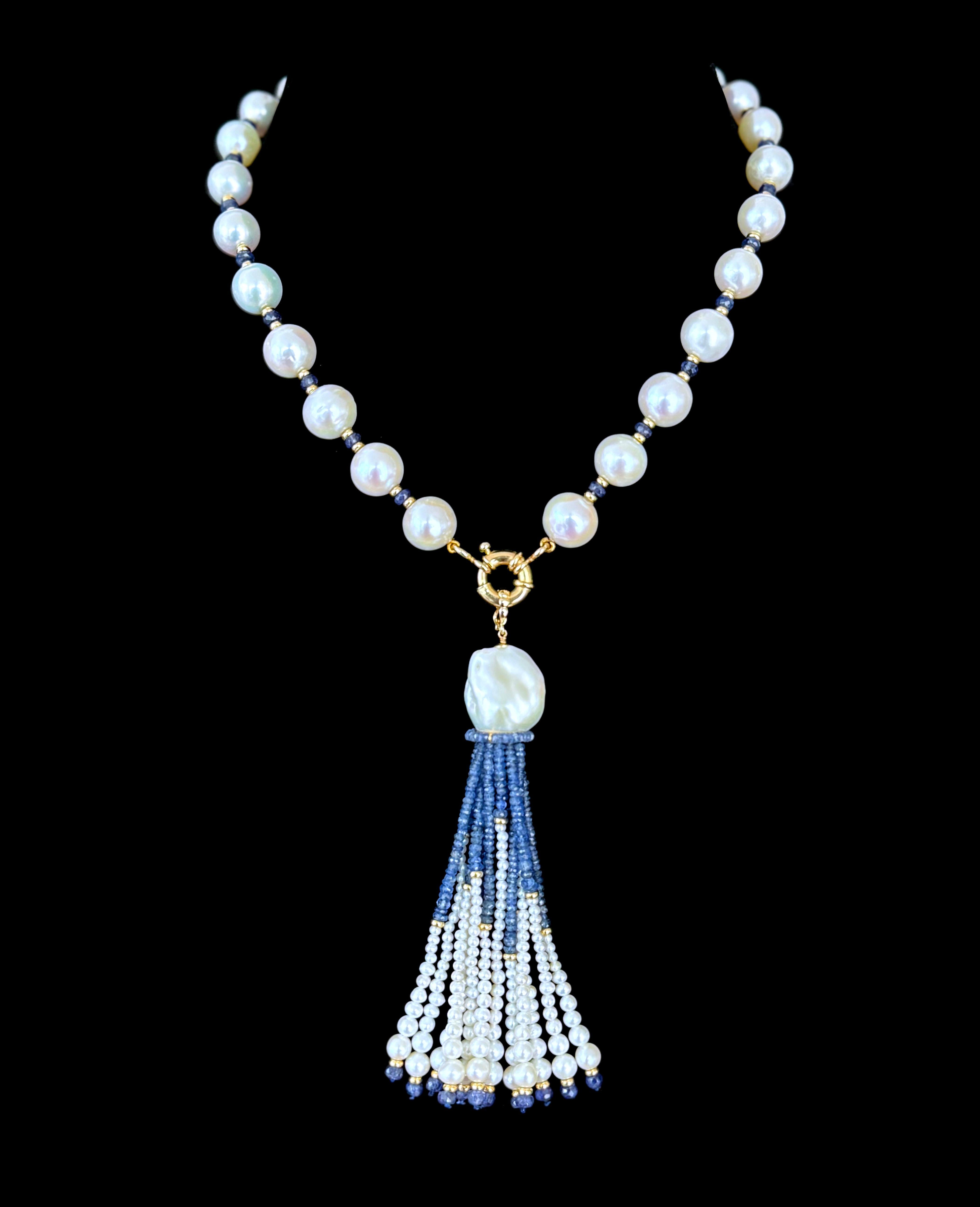 Marina J. Collier à pompon en or jaune 14 carats, perles graduées, saphirs bleus et saphirs bleus en vente 1