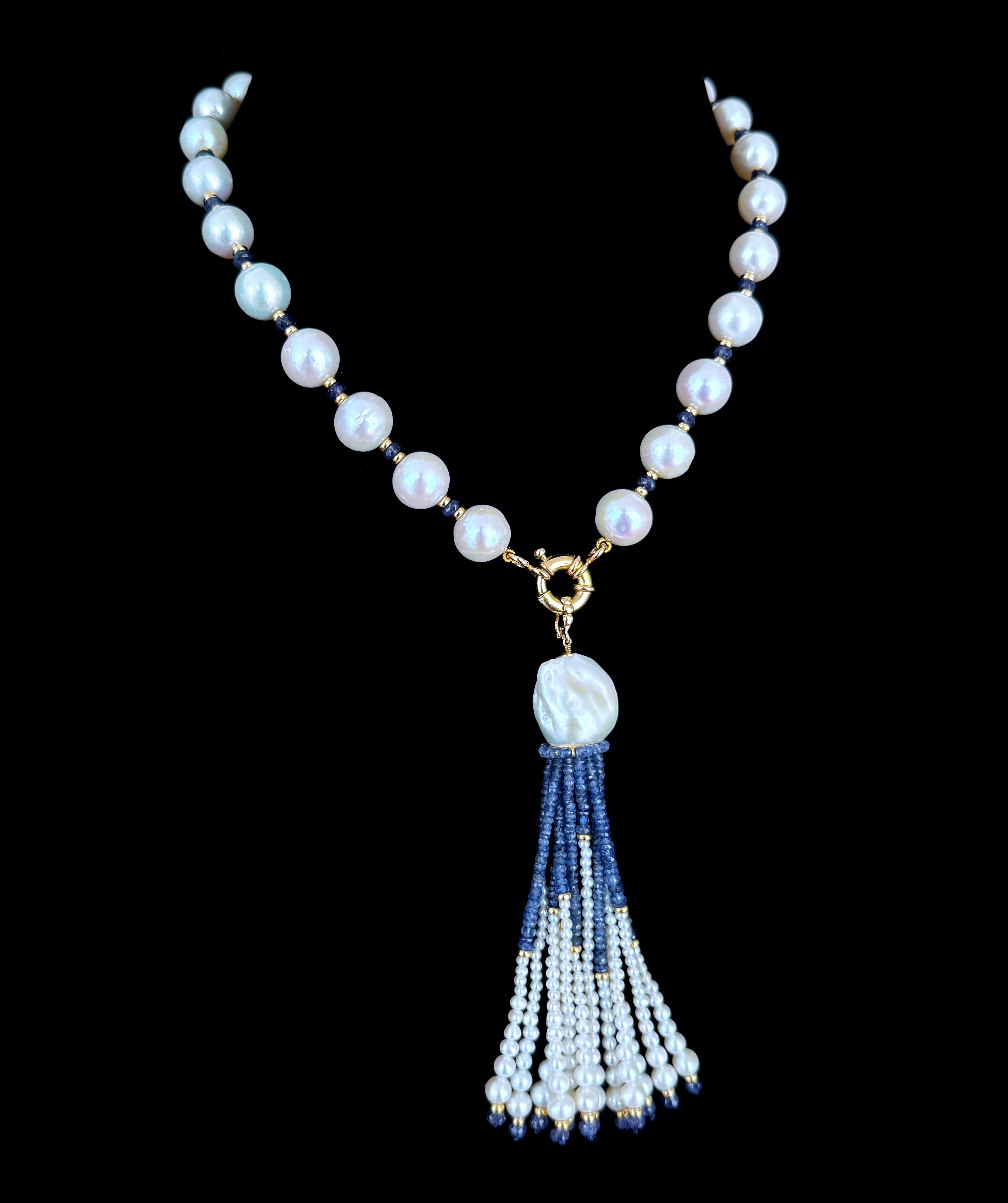 Marina J. Collier à pompon en or jaune 14 carats, perles graduées, saphirs bleus et saphirs bleus en vente 2