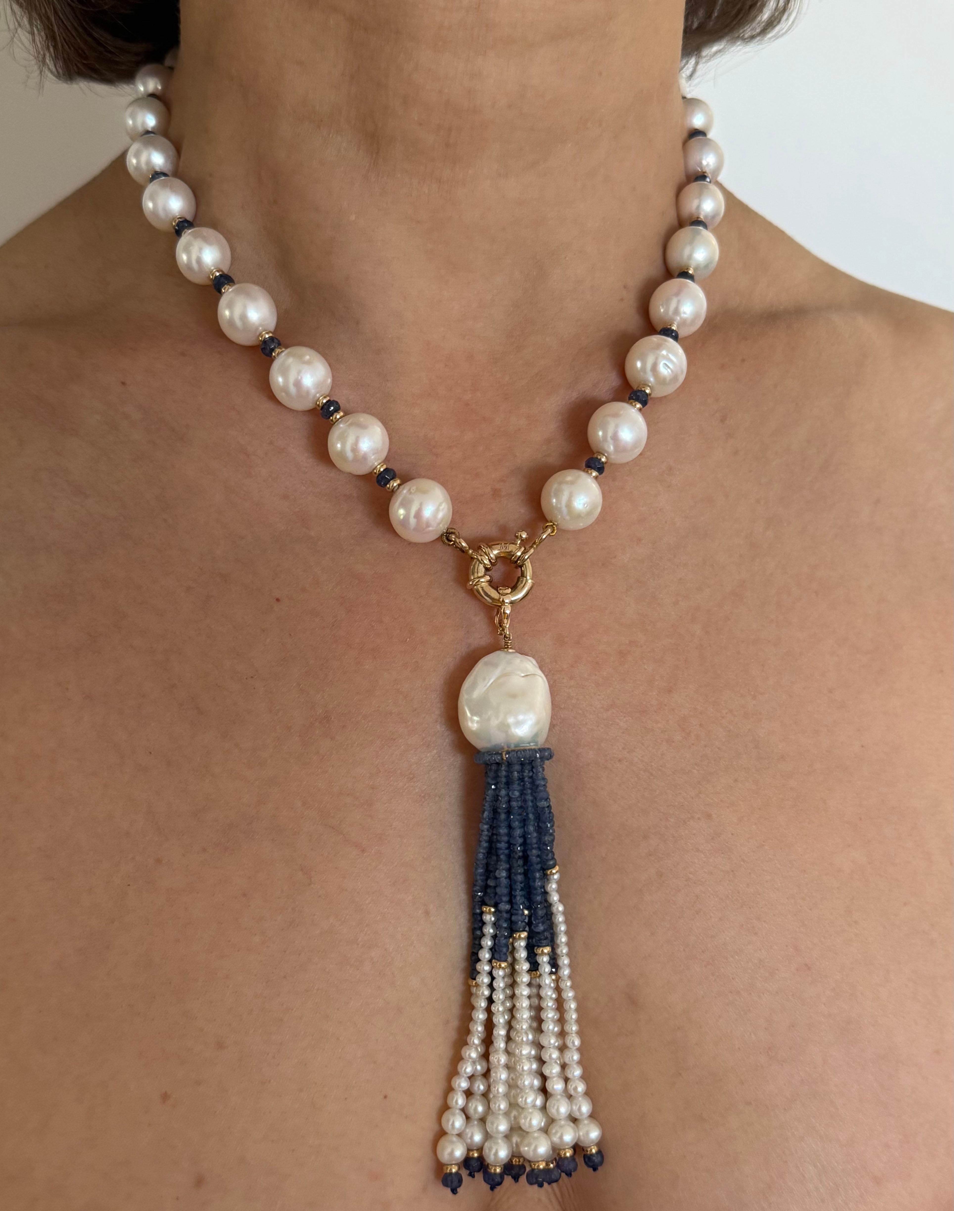 Marina J. Collier à pompon en or jaune 14 carats, perles graduées, saphirs bleus et saphirs bleus en vente 3