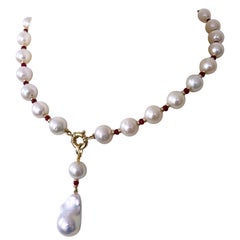 Marina J. Graduated Pearl Necklace with Rubies, 14 k Gold and Large Pearl Drop