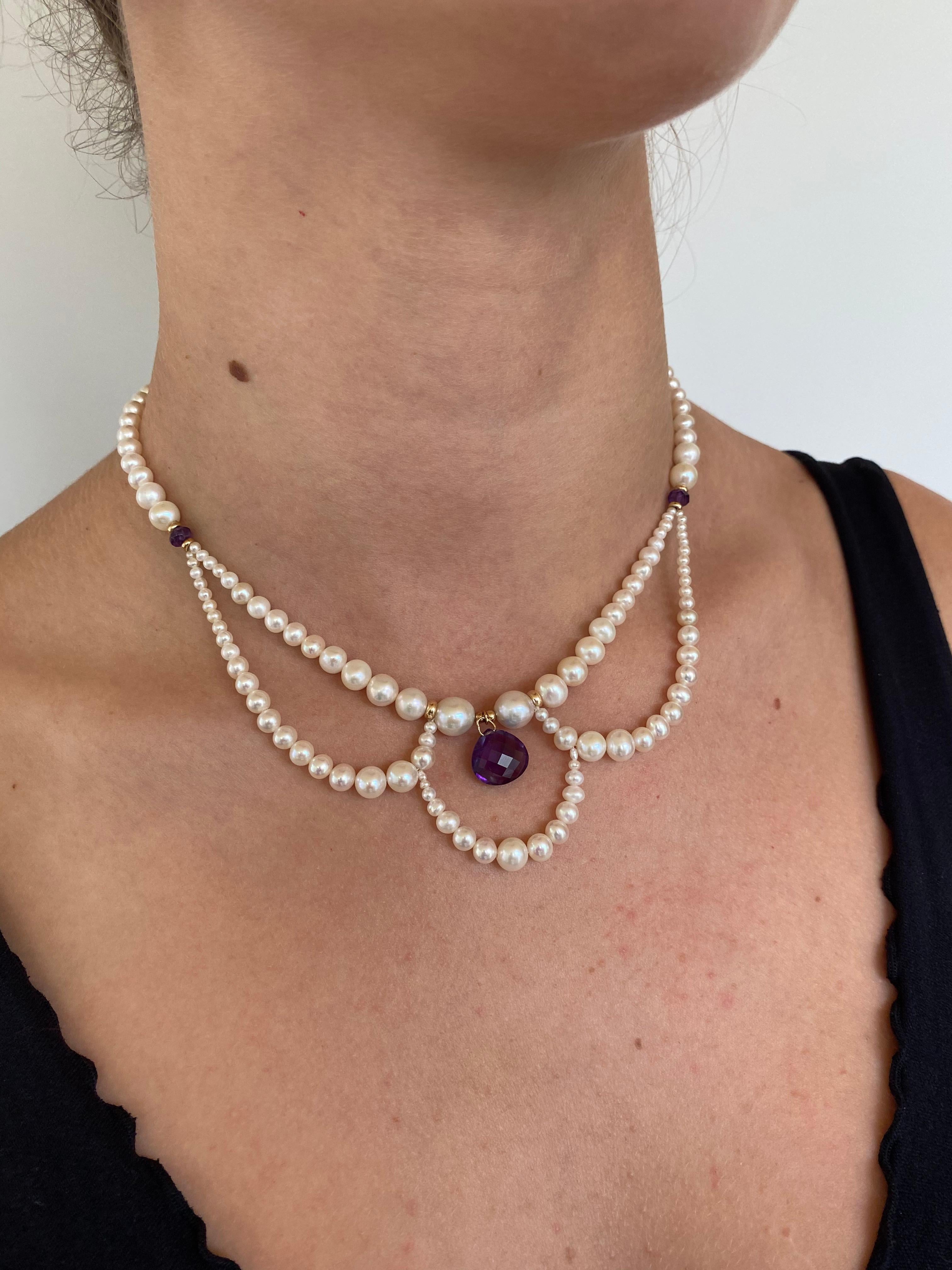 Gorgeous Romantic inspired Lace Necklace featuring a bold Amethyst briolette and 14K Yellow Gold accents. This necklace has high luster cream colored Pearls which graduate in size and drape beautifully, and meet at a beautiful Filigree 14K Yellow