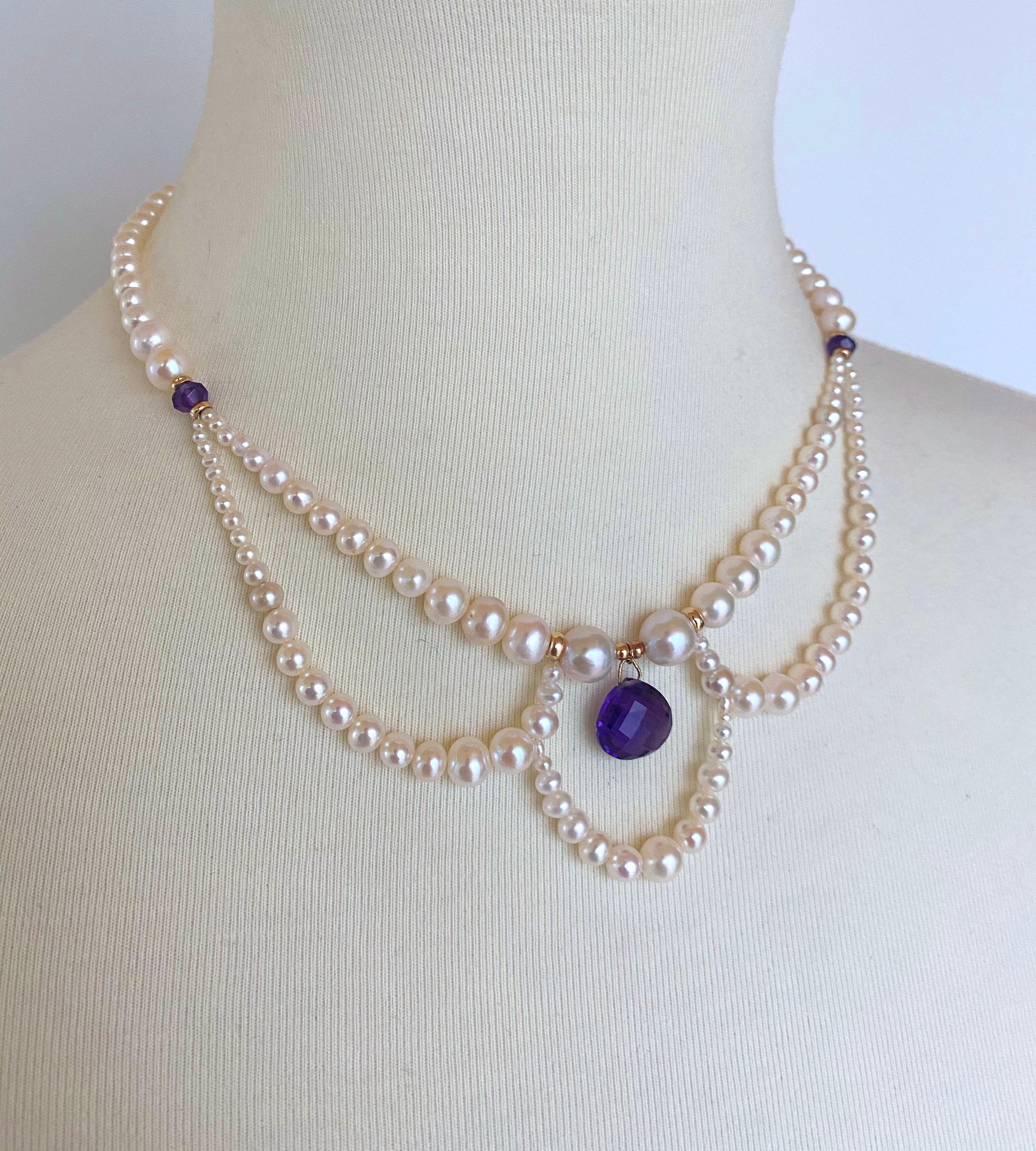 Artisan Marina J. Graduated Pearl Necklace with Teardrop Amethyst and 14k Yellow Gold For Sale