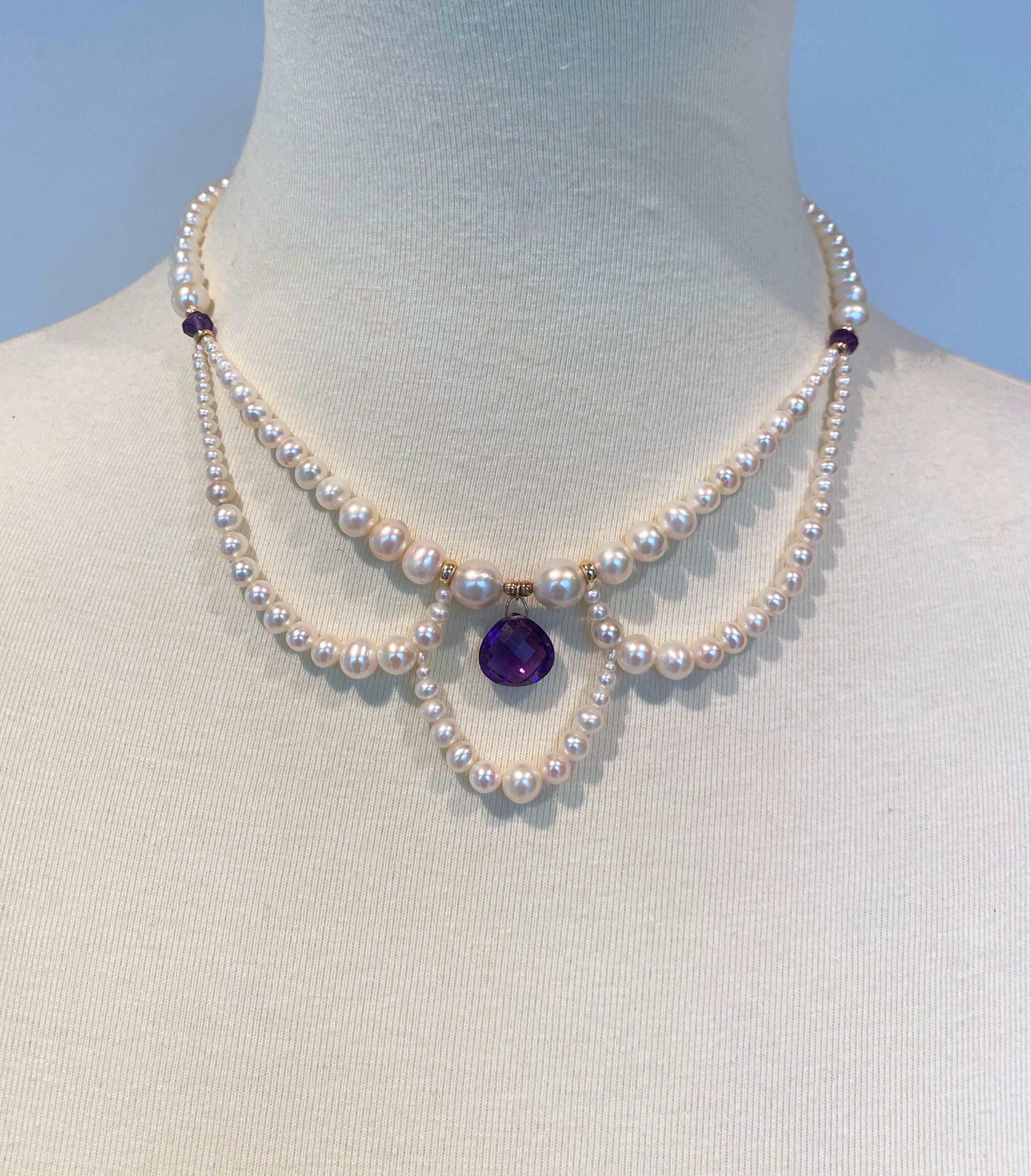 Marina J. Graduated Pearl Necklace with Teardrop Amethyst and 14k Yellow Gold For Sale 1