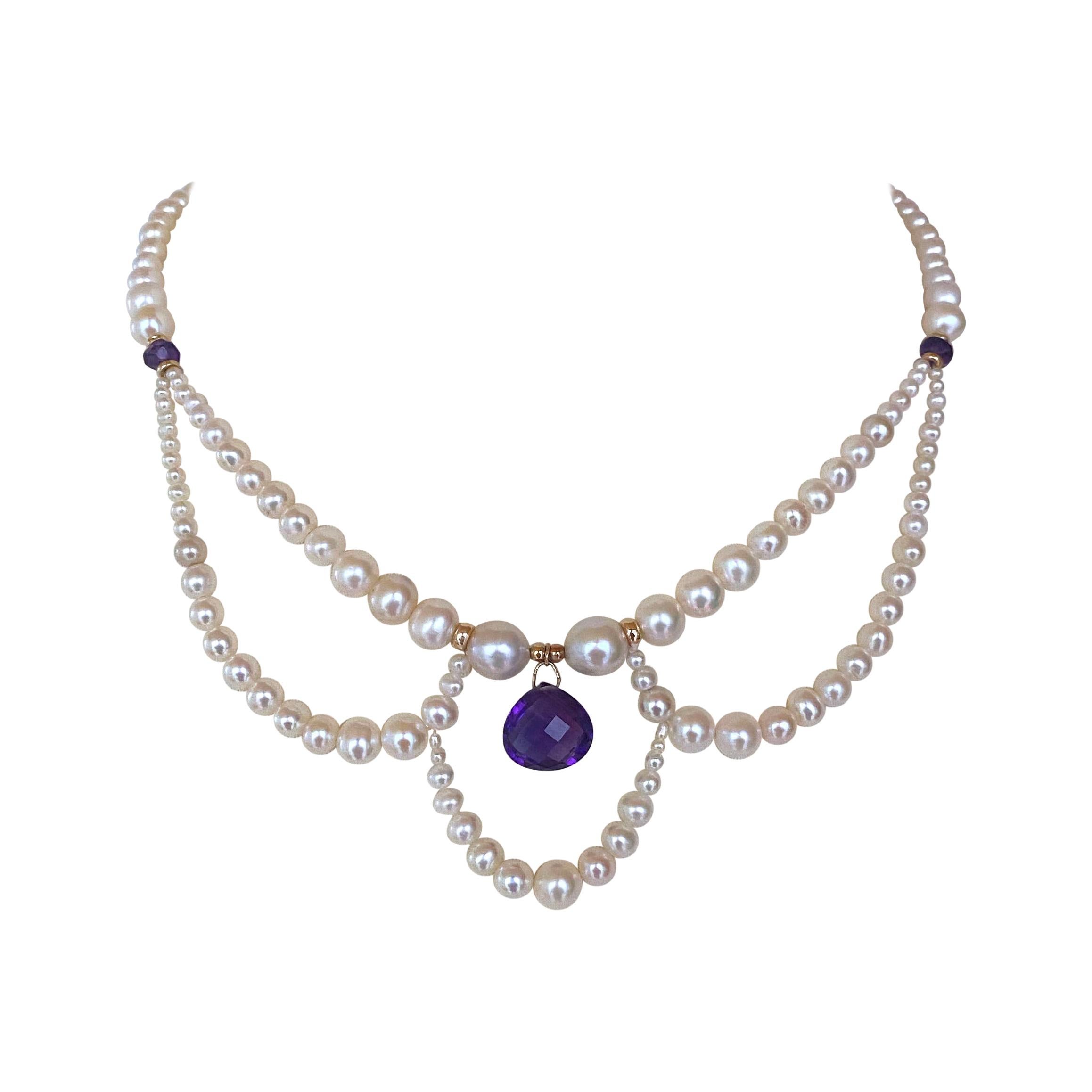 Marina J. Graduated Pearl Necklace with Teardrop Amethyst and 14k Yellow Gold For Sale