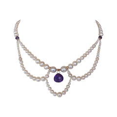 Marina J. Graduated Pearl Necklace with Teardrop Amethyst and 14k Yellow Gold