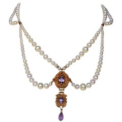 Marina J Graduated Pearl Necklace with Antique Amethyst Double Pendant