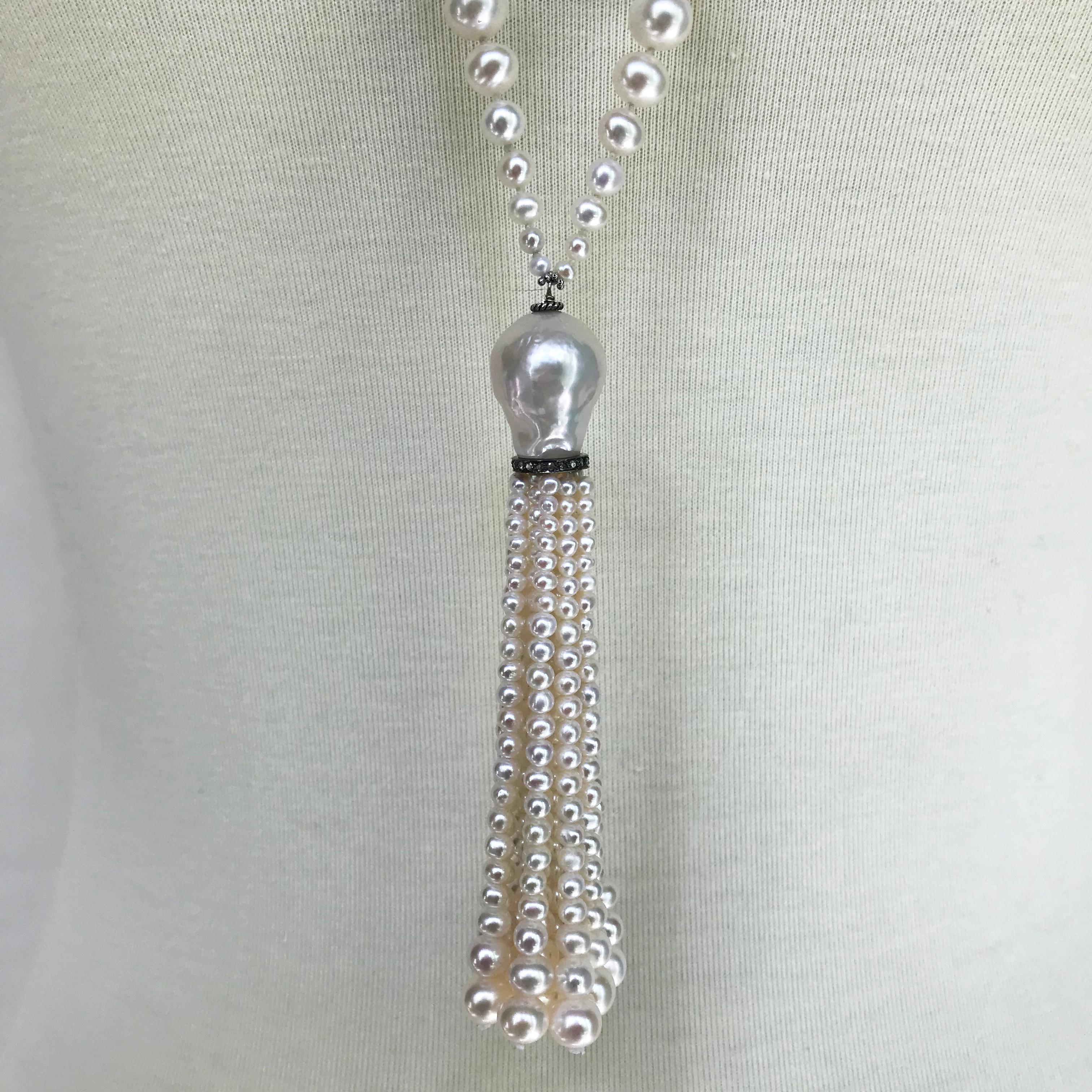 Bead Marina J. Graduated Pearl Sautoir with White Gold & Silver Roundel with Diamonds