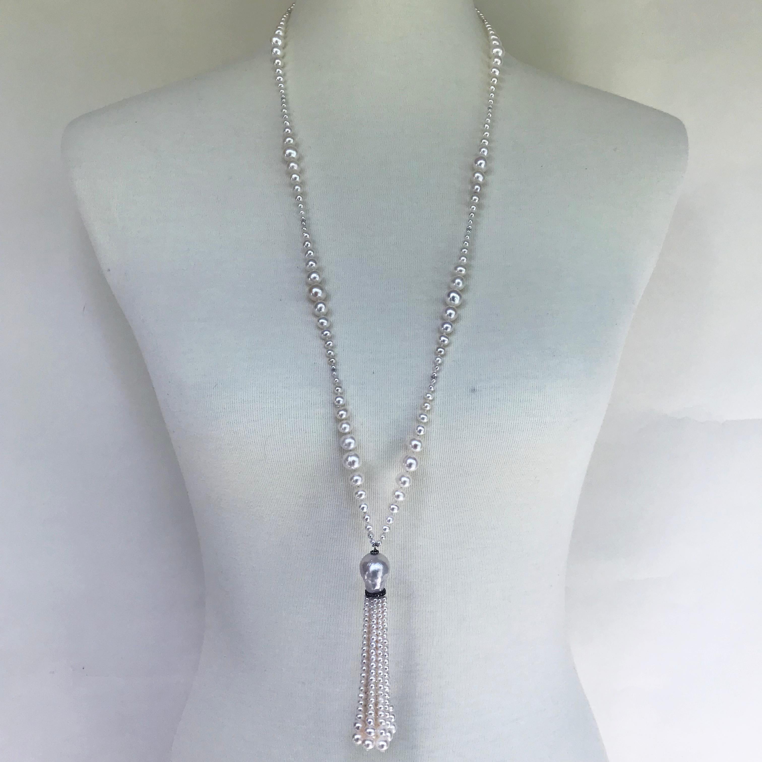 Marina J. Graduated Pearl Sautoir with White Gold & Silver Roundel with Diamonds 3