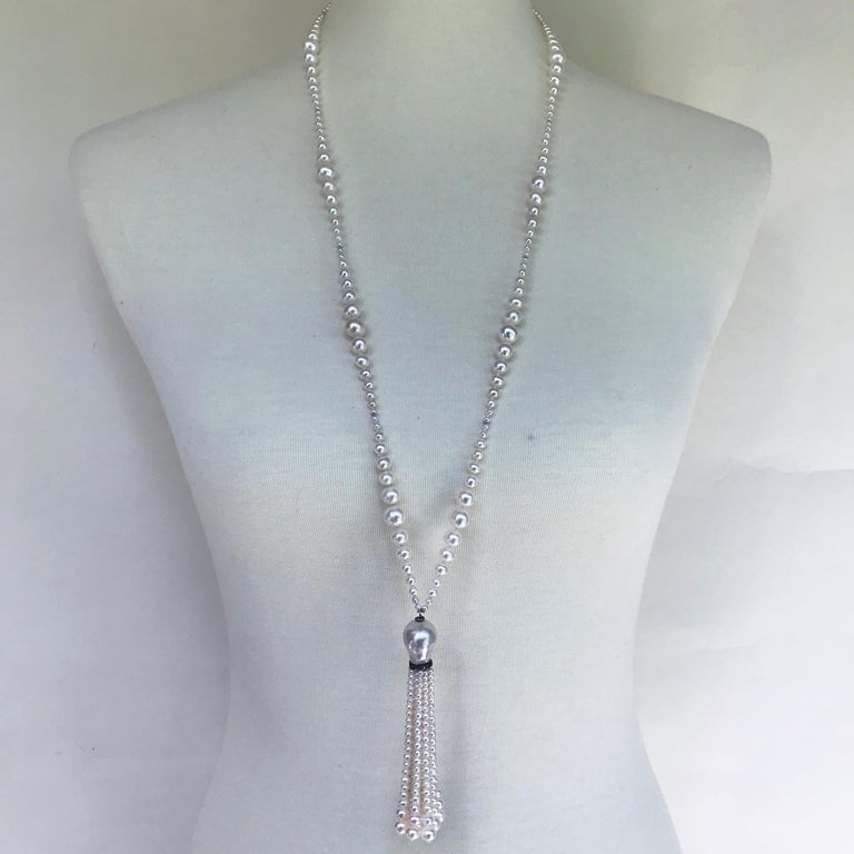 Marina J. Graduated Pearl Sautoir with White Gold and Silver Roundel ...