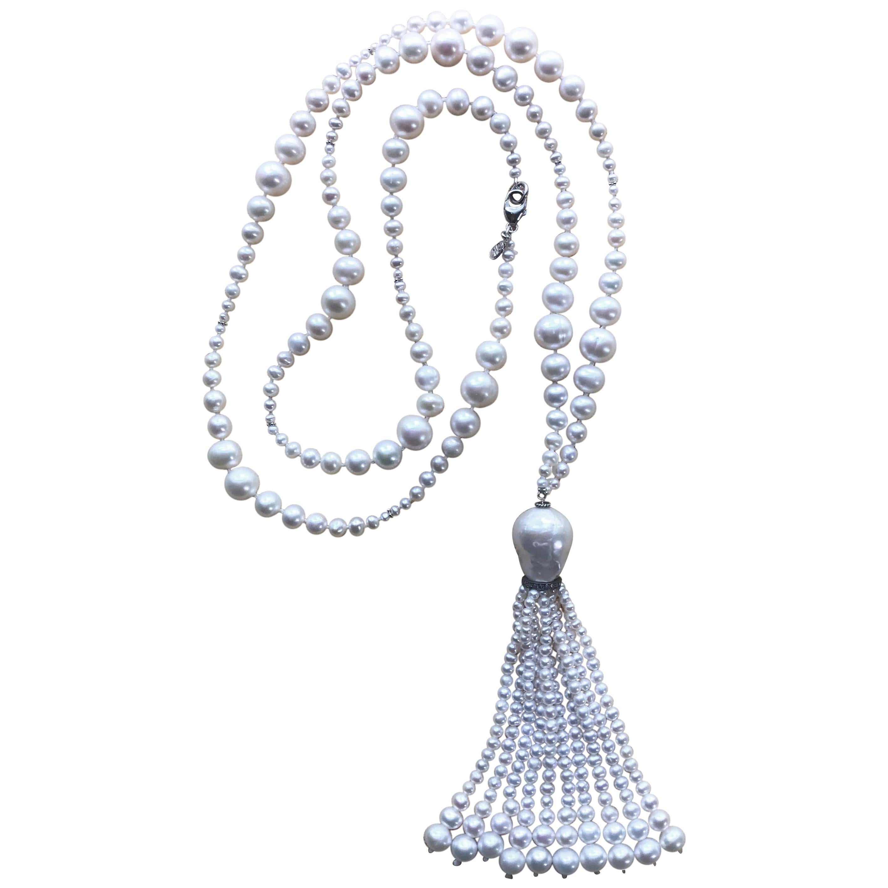 Marina J. Graduated Pearl Sautoir with White Gold & Silver Roundel with Diamonds
