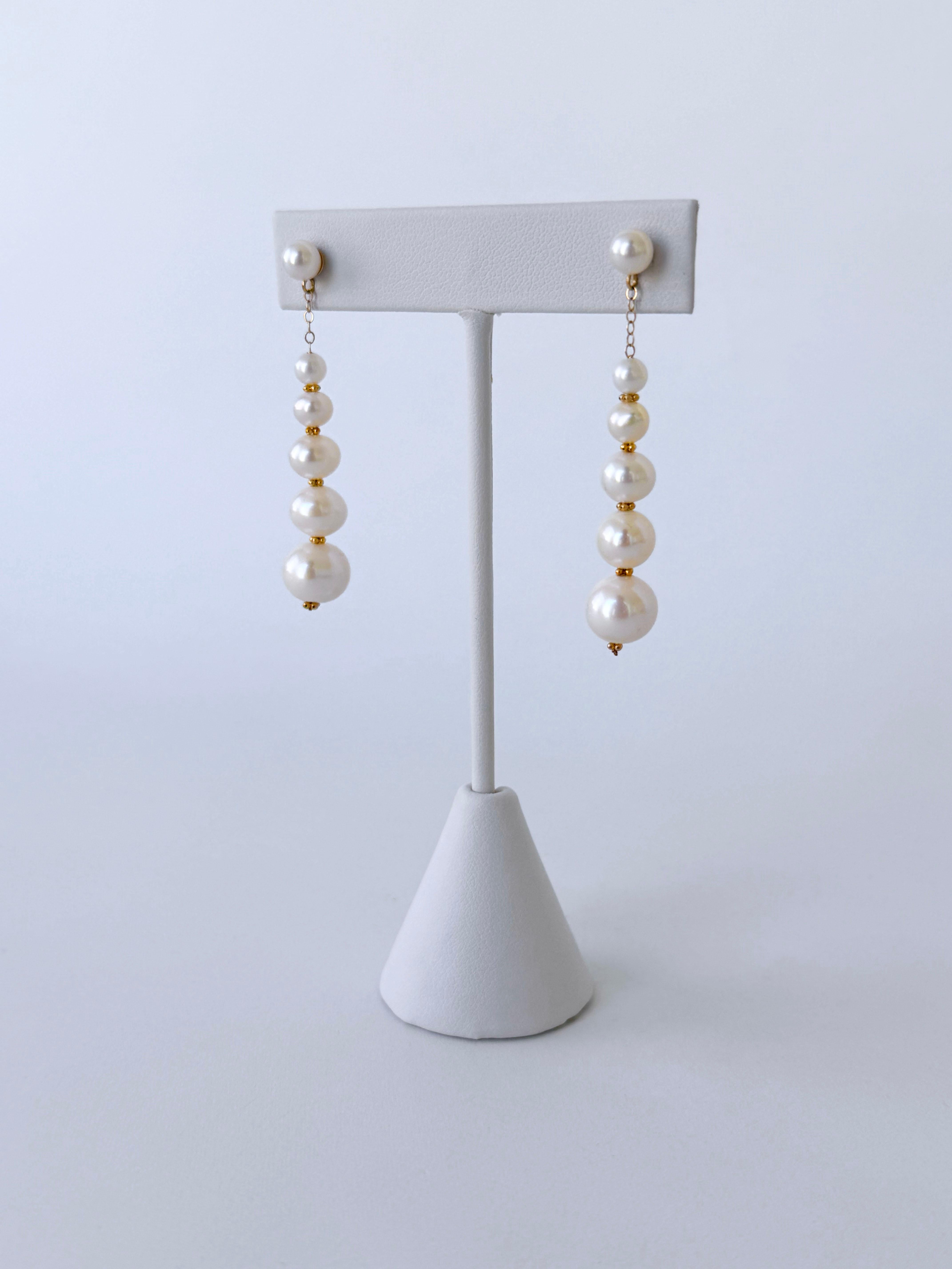 Artisan Marina J. Graduated Pearl Studded Dangle Earrings with Solid 14k Yellow Gold For Sale