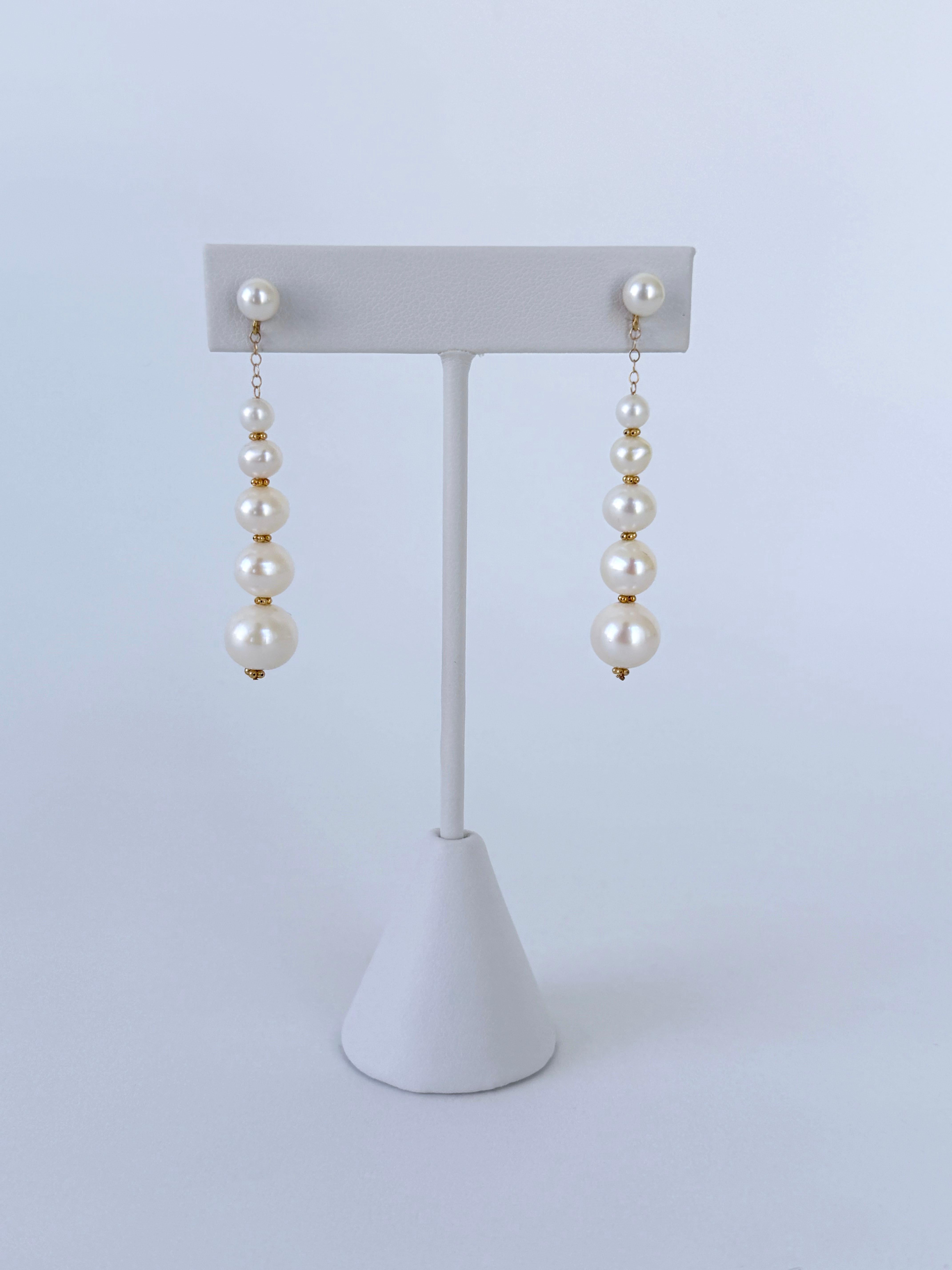 Bead Marina J. Graduated Pearl Studded Dangle Earrings with Solid 14k Yellow Gold For Sale