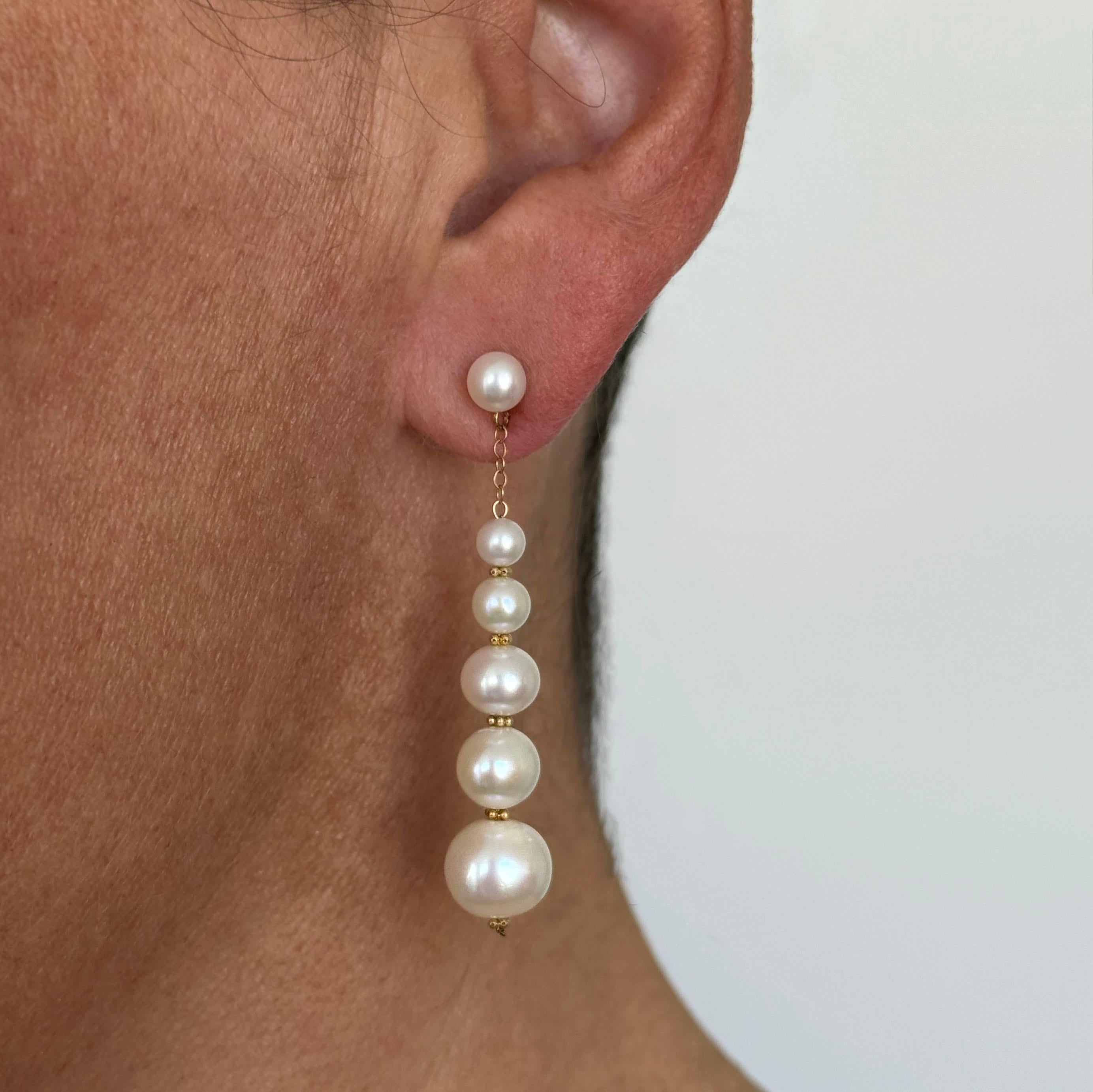 Marina J. Graduated Pearl Studded Dangle Earrings with Solid 14k Yellow Gold In New Condition For Sale In Los Angeles, CA
