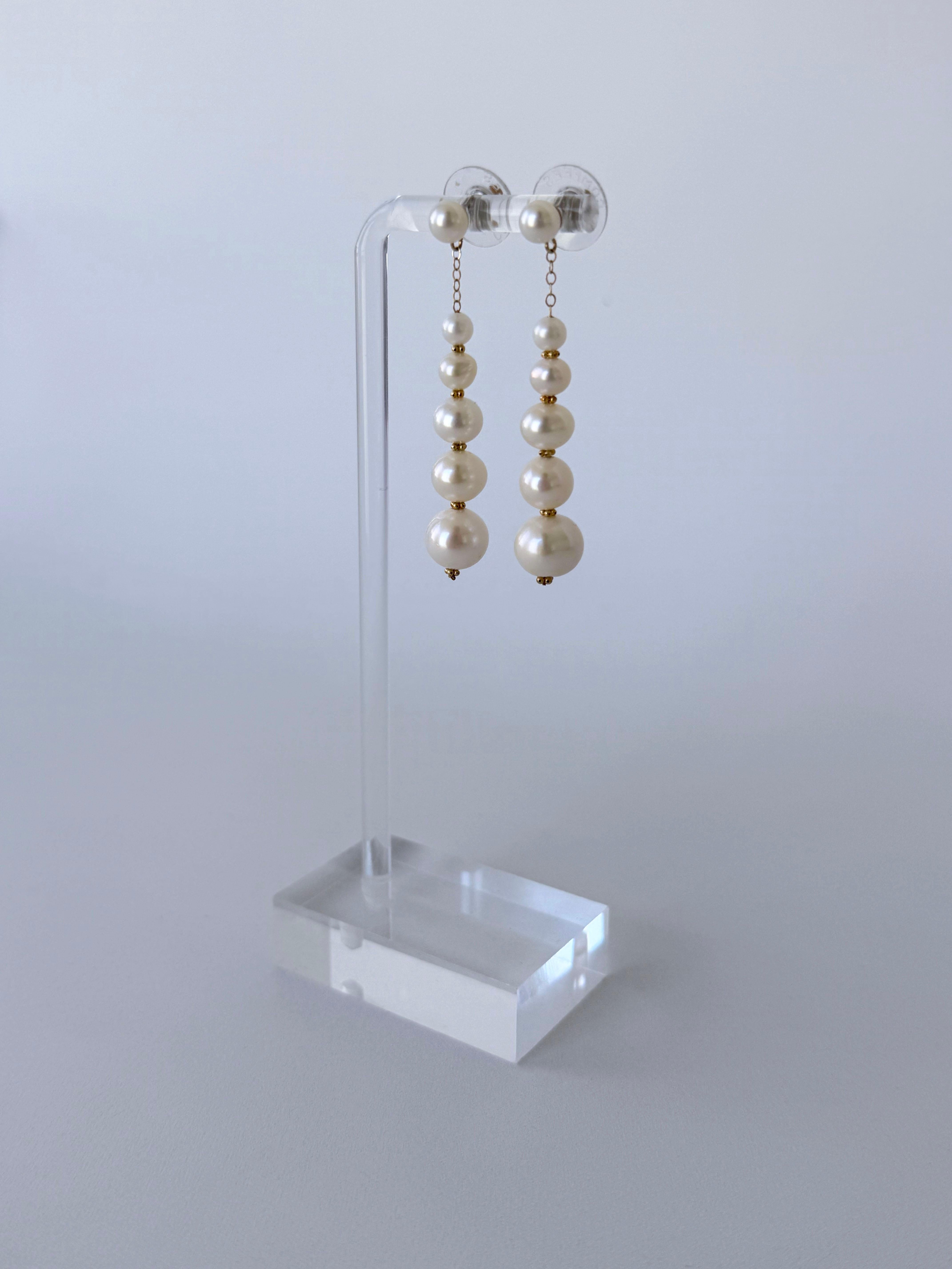Men's Marina J. Graduated Pearl Studded Dangle Earrings with Solid 14k Yellow Gold For Sale