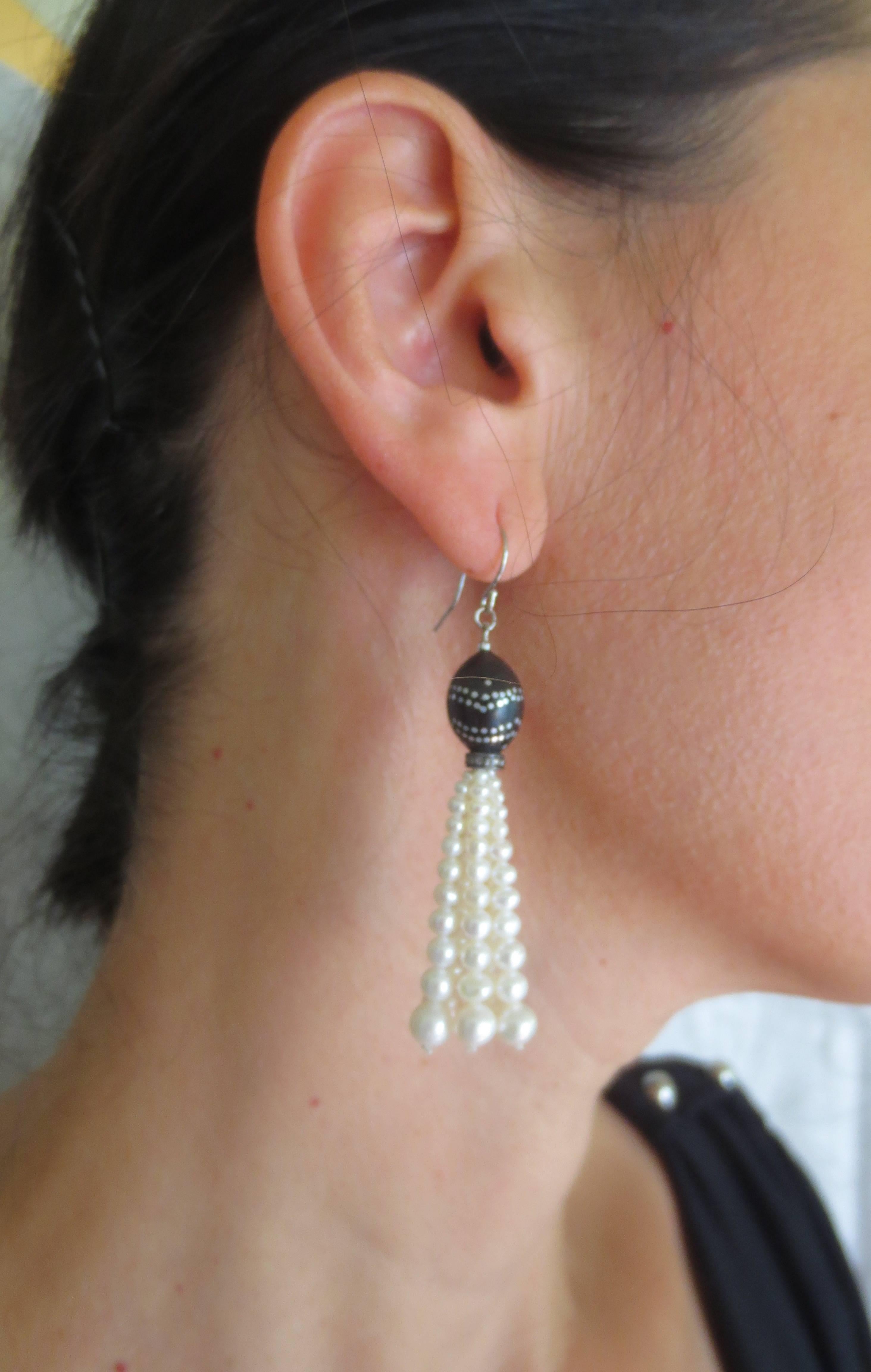 Women's Marina J Graduated Pearl Tassel Earrings & Silver Inlay on Vintage Wooden Beads For Sale