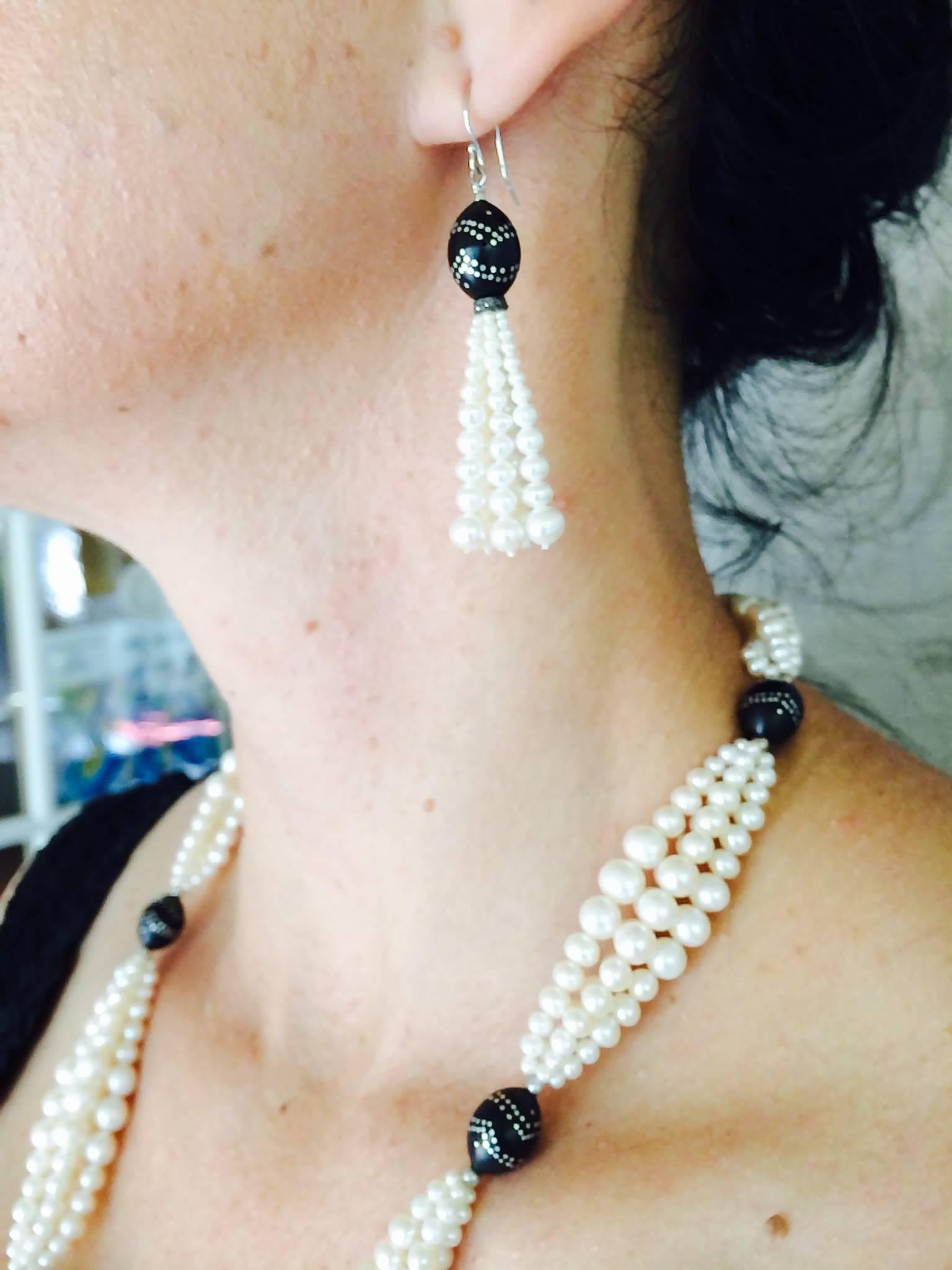 Marina J Graduated Pearl Tassel Earrings & Silver Inlay on Vintage Wooden Beads For Sale 1