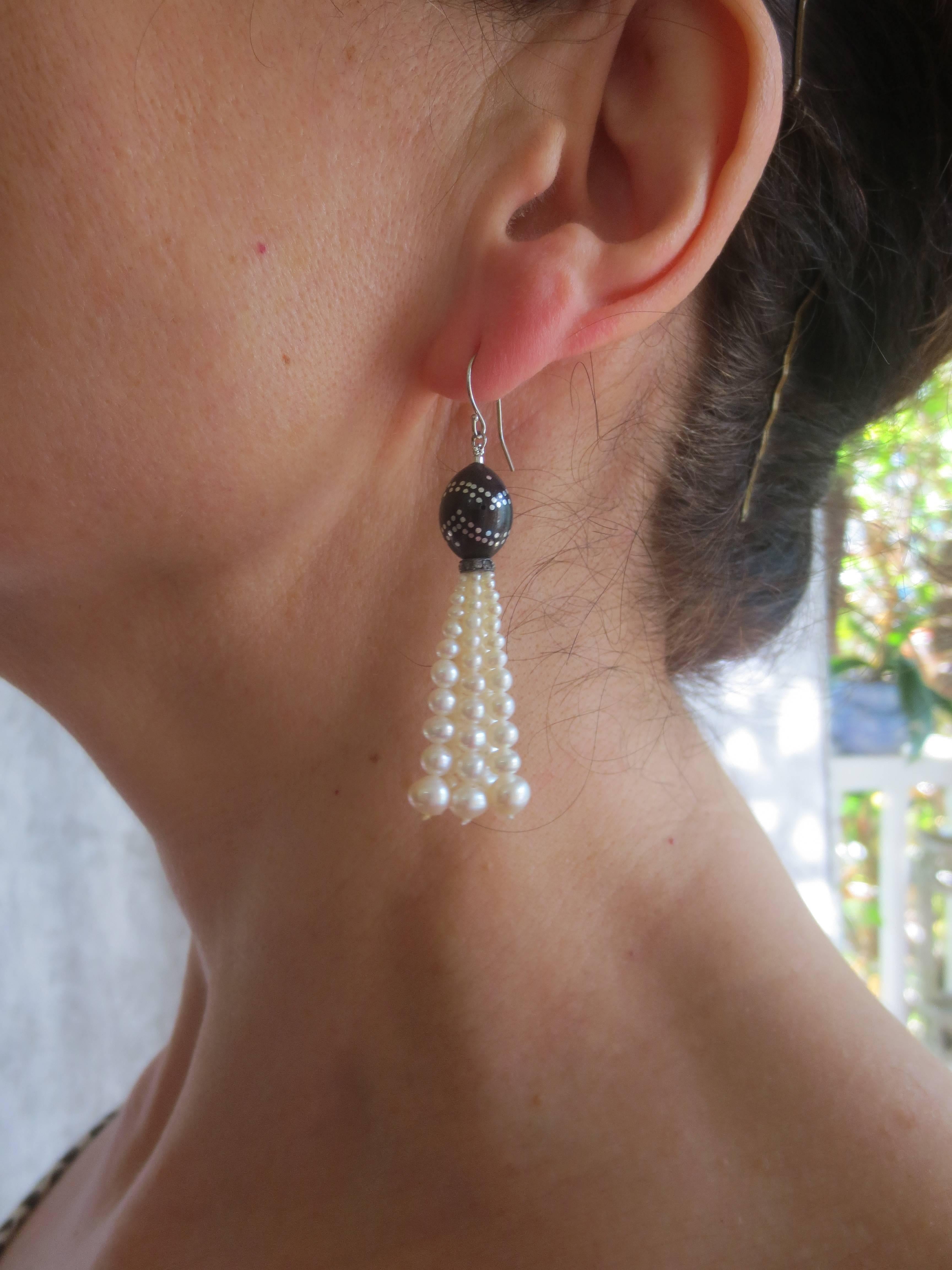 Marina J Graduated Pearl Tassel Earrings & Silver Inlay on Vintage Wooden Beads For Sale 2