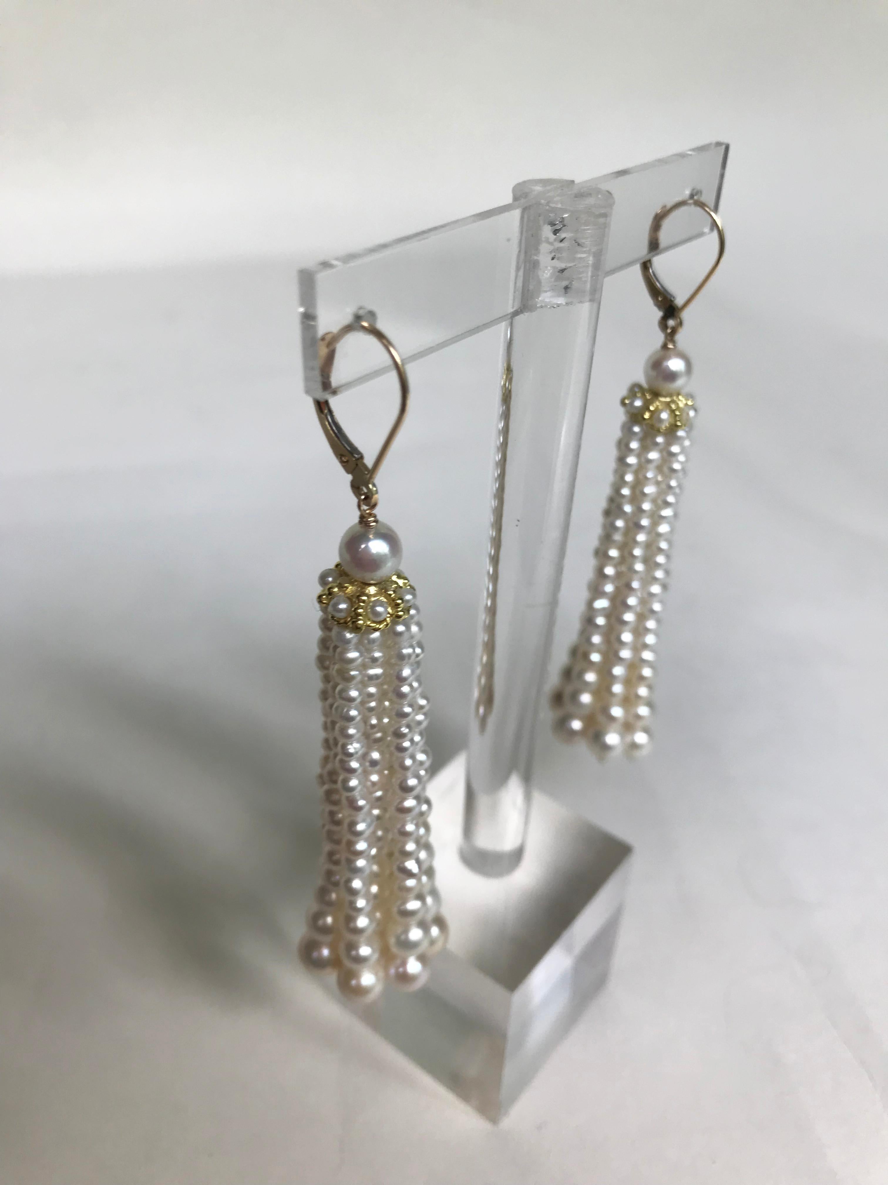 Contemporary Marina J Graduated Pearl Tassel Earrings with 14 K Yellow Gold cups and ear wire For Sale
