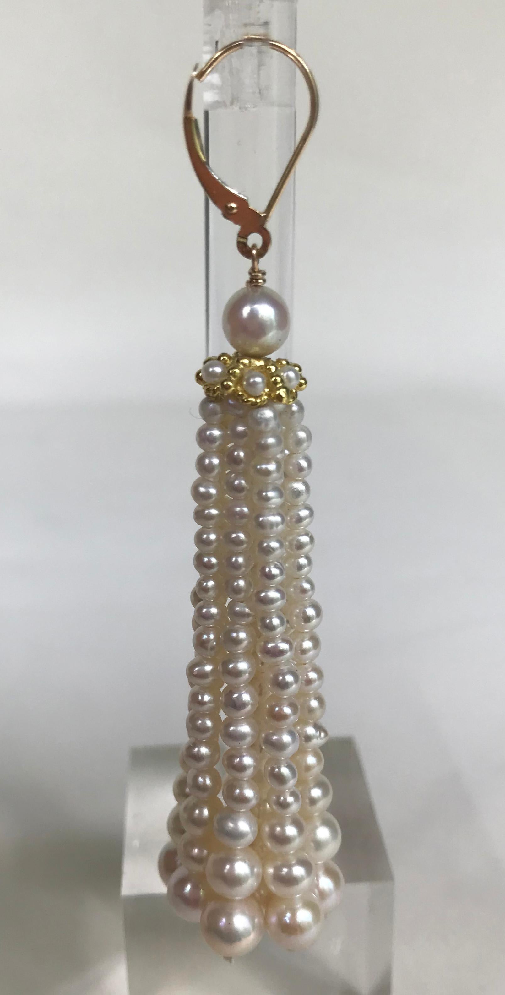 Bead Marina J Graduated Pearl Tassel Earrings with 14 K Yellow Gold cups and ear wire For Sale