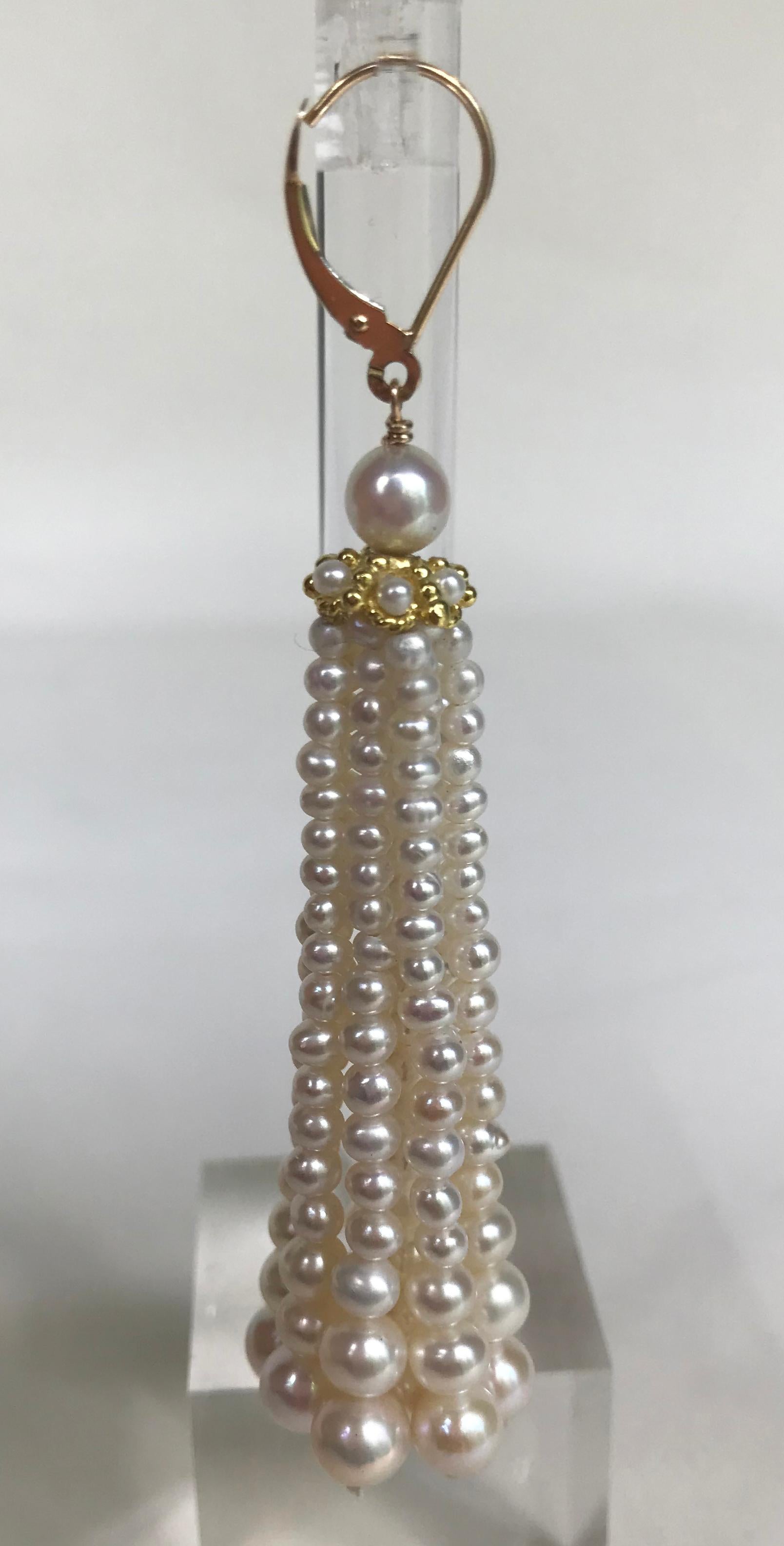 Bead Marina J Graduated Pearl Tassel Earrings with 14 K Yellow Gold cups and ear wire