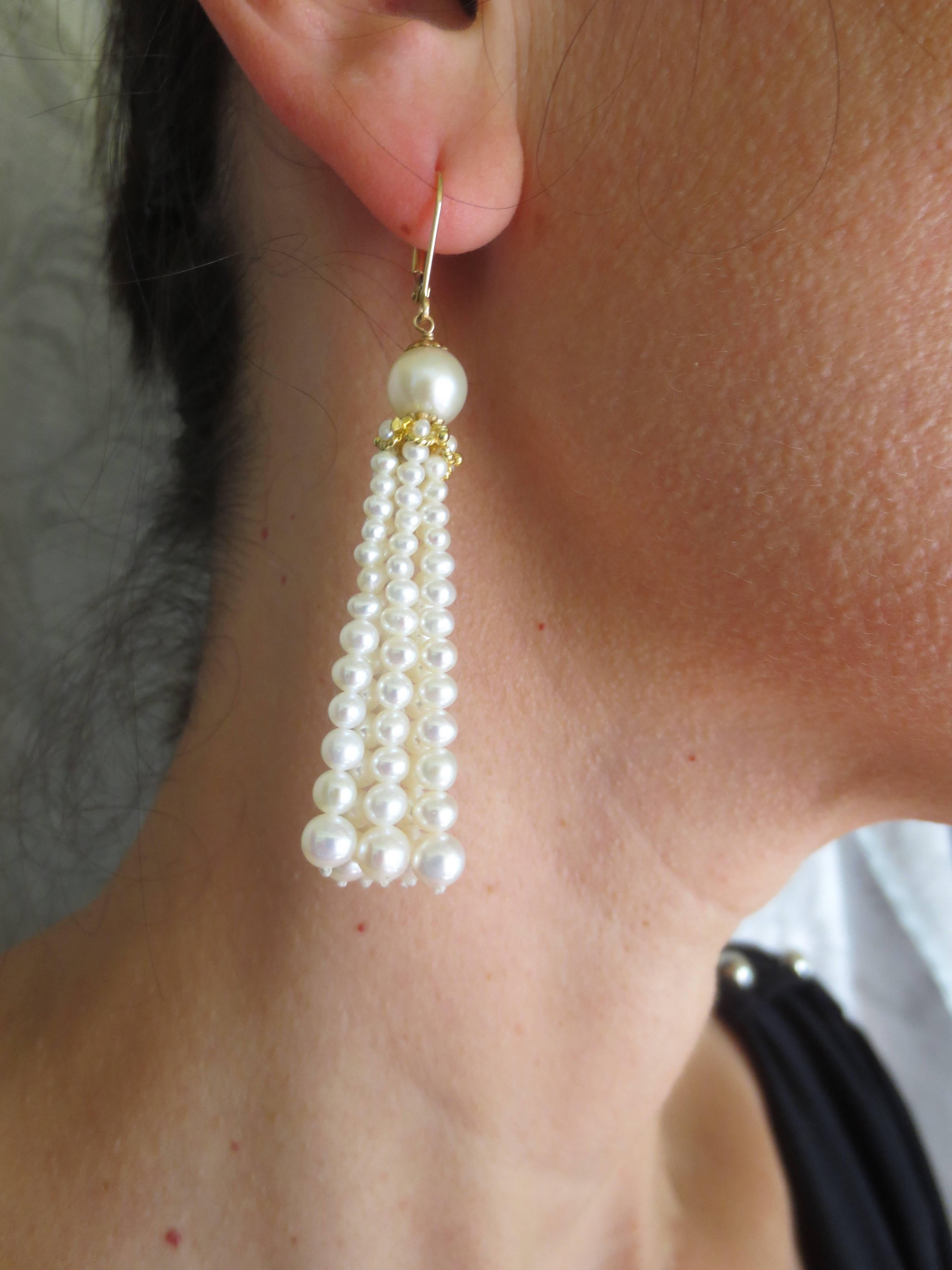 Marina J Graduated Pearl Tassel Earrings with 14 K Yellow Gold cups and ear wire In New Condition For Sale In Los Angeles, CA