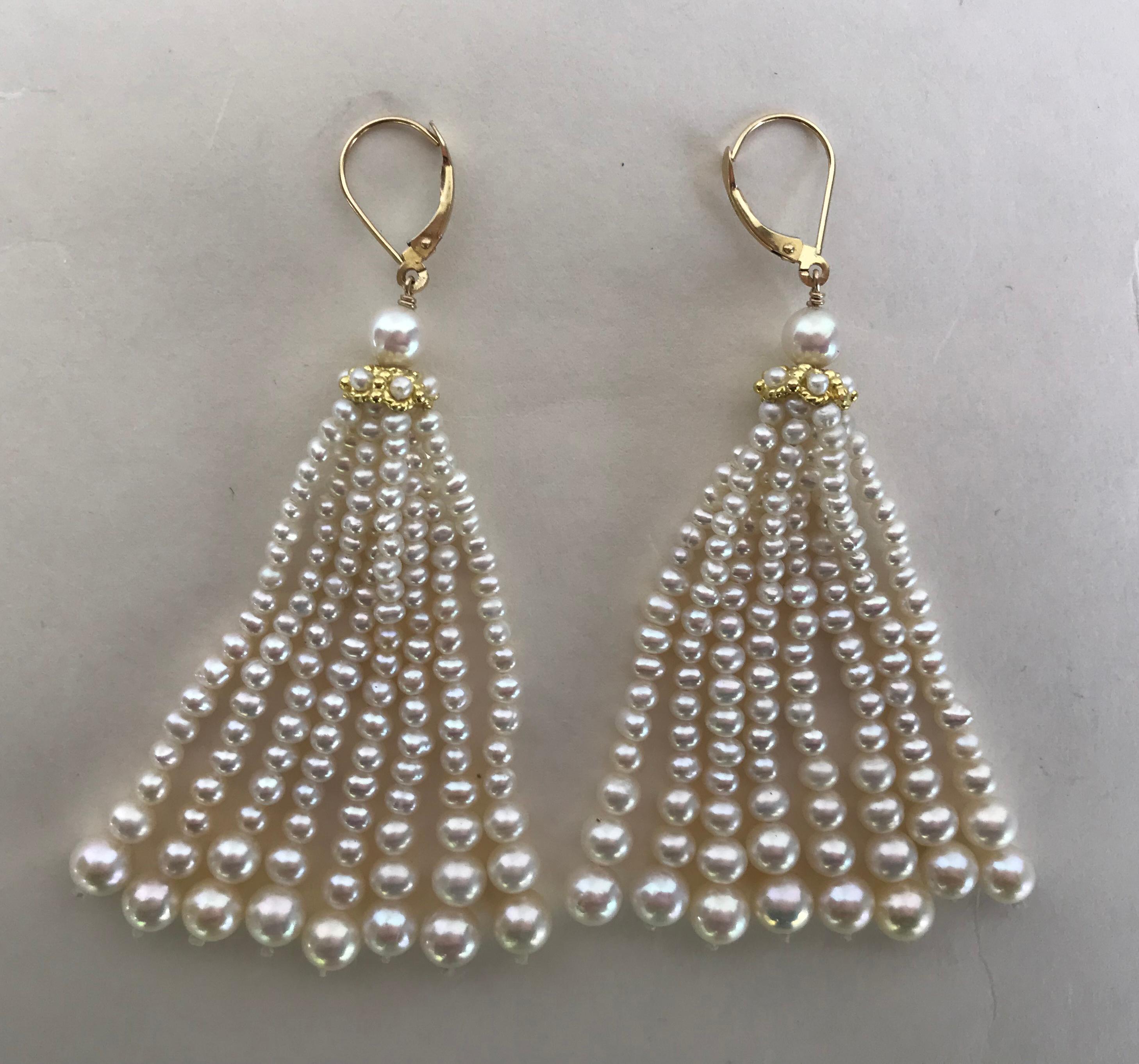 Women's Marina J Graduated Pearl Tassel Earrings with 14 K Yellow Gold cups and ear wire For Sale