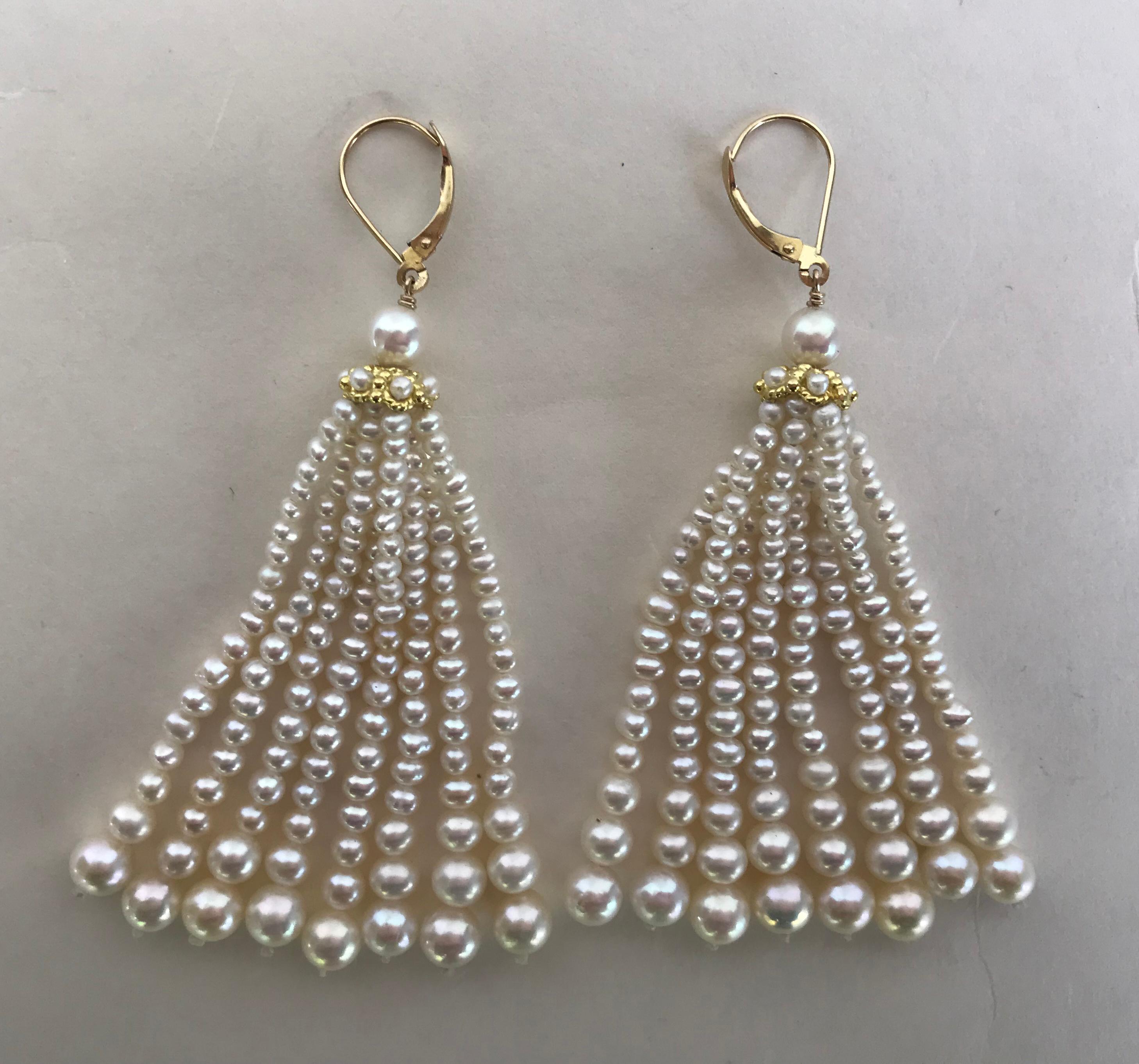 Women's Marina J Graduated Pearl Tassel Earrings with 14 K Yellow Gold cups and ear wire