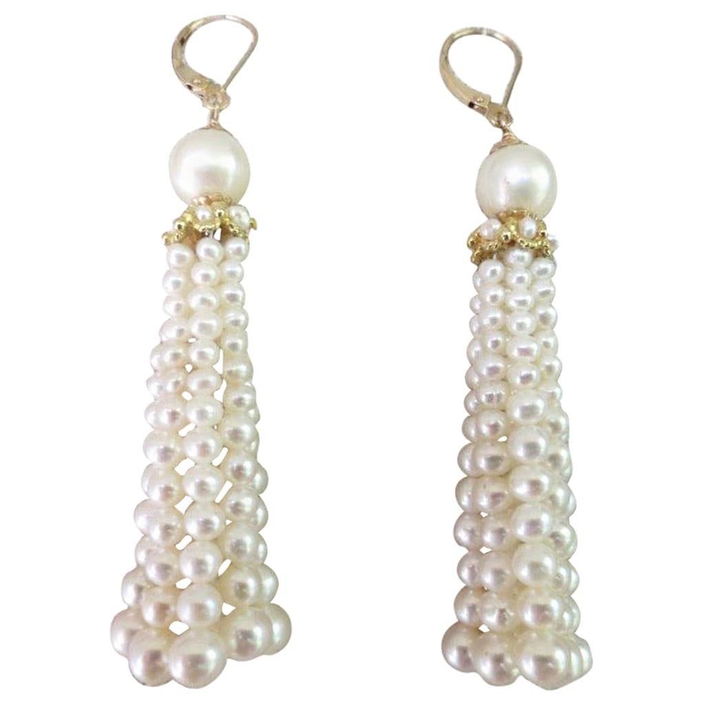 Marina J Graduated Pearl Tassel Earrings with 14 K Yellow Gold cups and ear wire For Sale