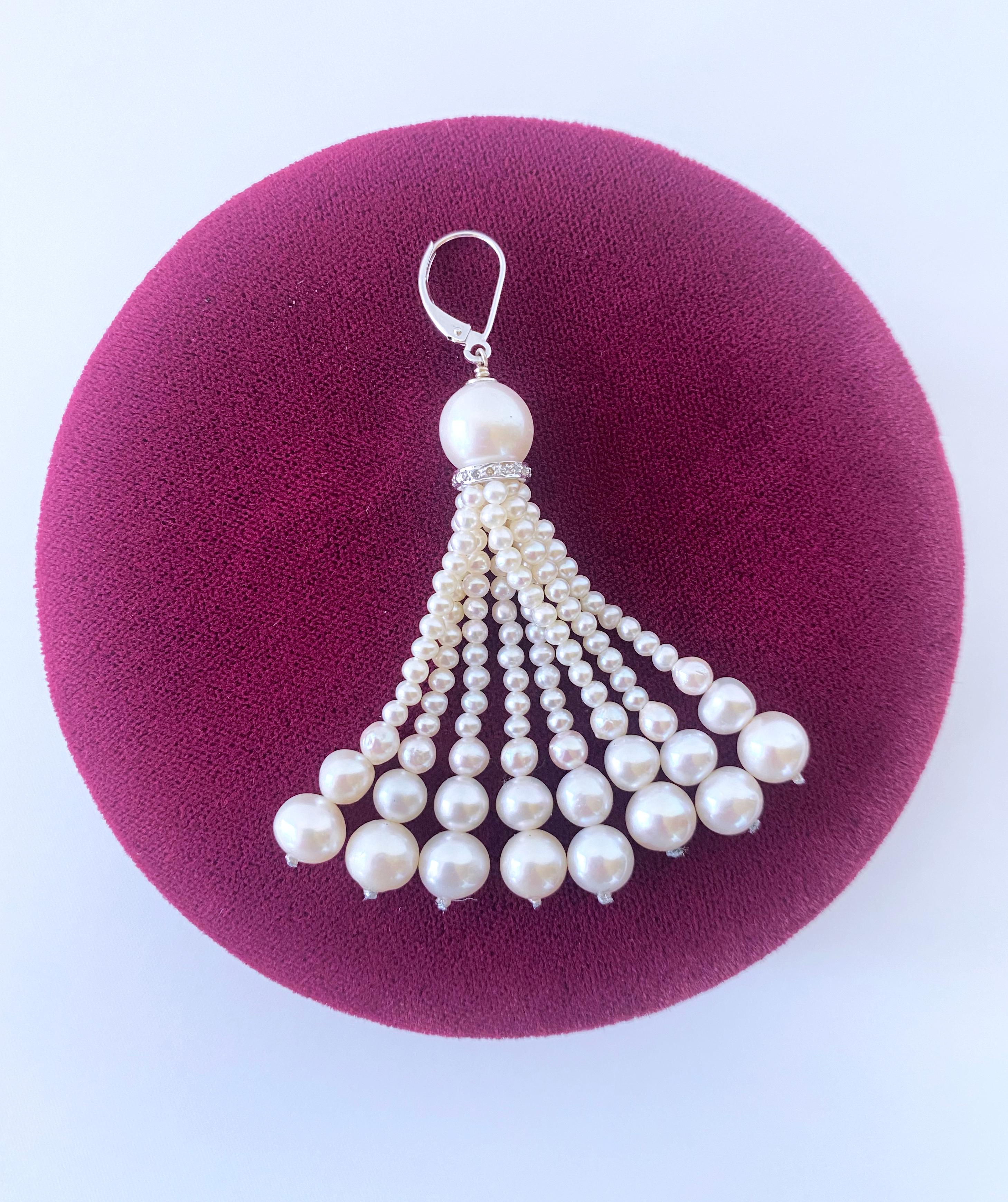 Cushion Cut Marina J. Graduated Pearl Tassel Earrings with Diamond Encrusted 14k White Gold For Sale