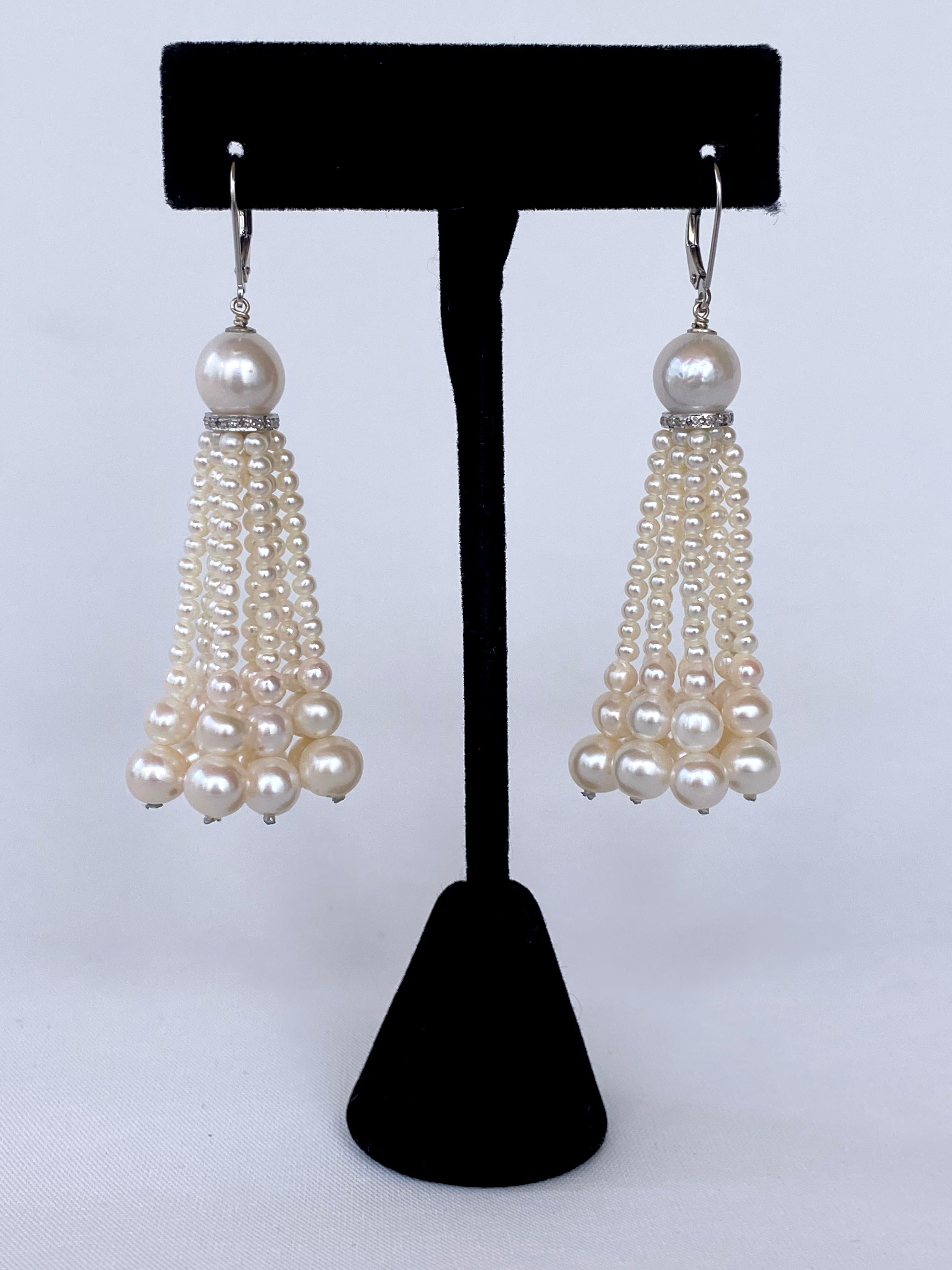 Marina J. Graduated Pearl Tassel Earrings with Diamond Encrusted 14k White Gold In New Condition For Sale In Los Angeles, CA