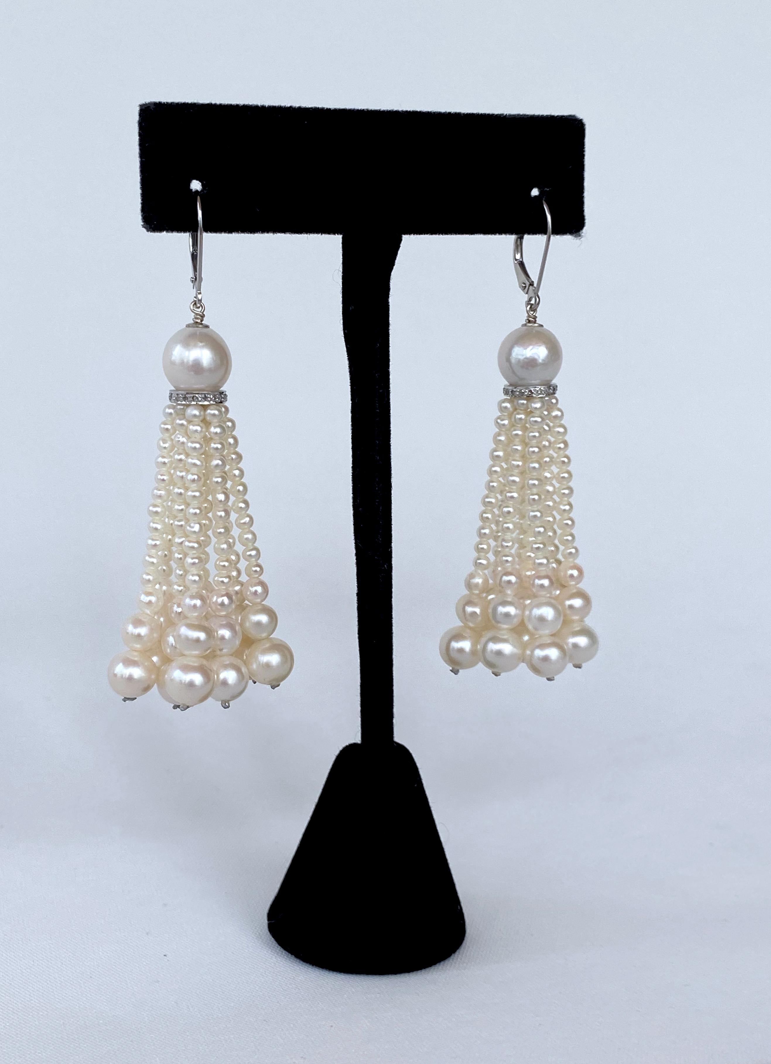 Artisan Marina J. Graduated Pearl Tassel Earrings with Diamond Encrusted 14k White Gold For Sale