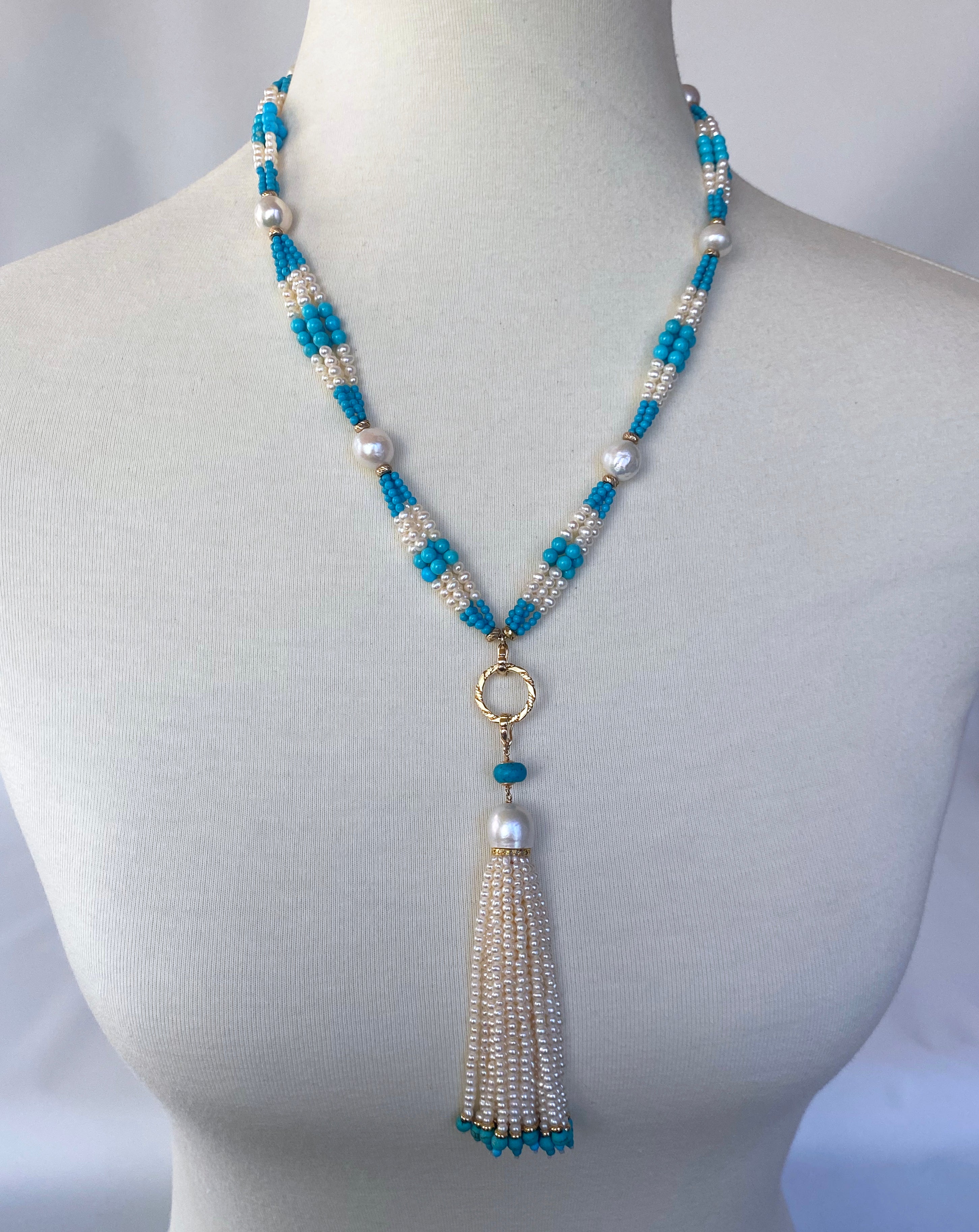 Marina J. Graduated Pearl, Turquoise & 14k Yellow Gold Sautoir with Tassel