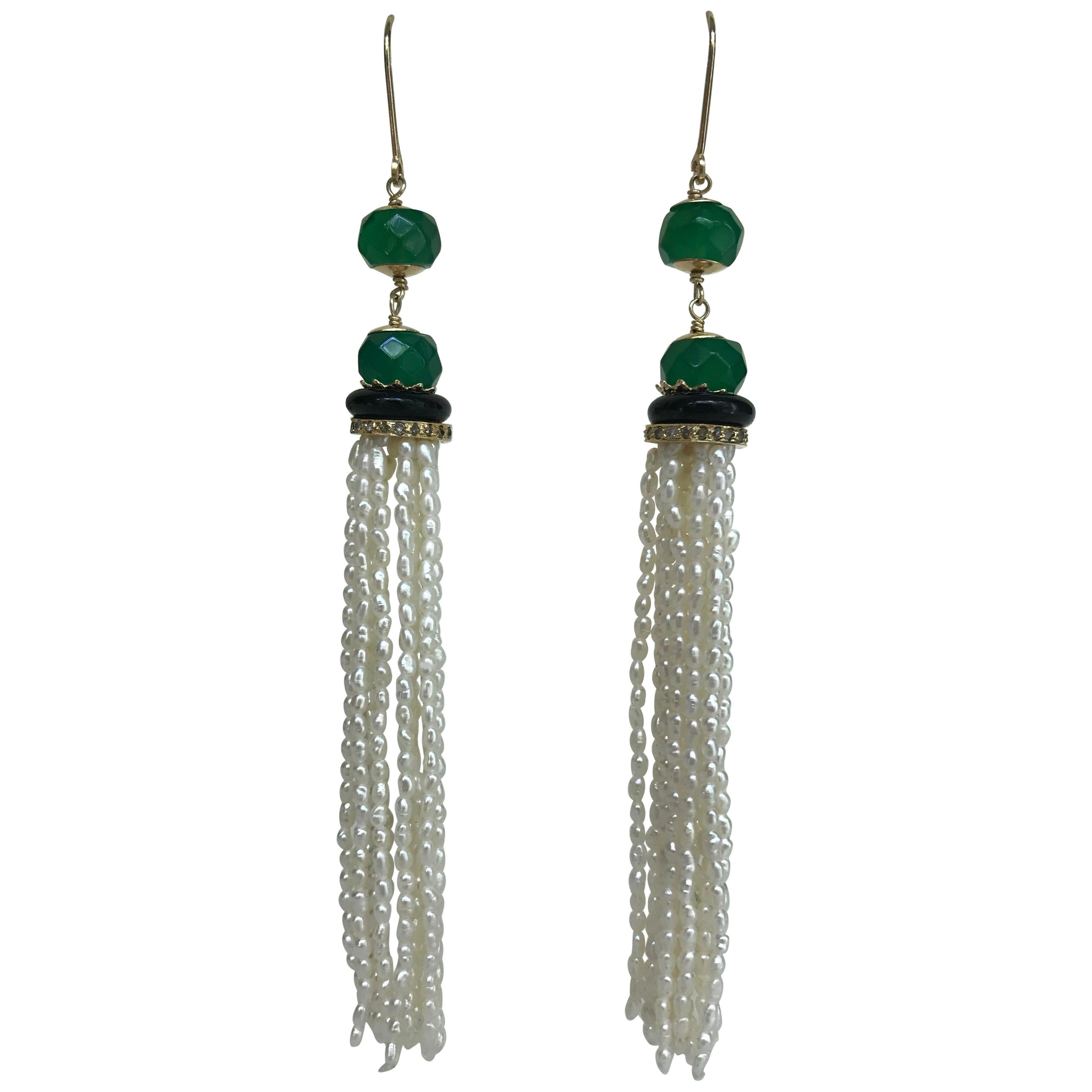 Marina J Pearls, Green , Black Onyx Beaded Dangle Earrings with 14 K Yellow Gold