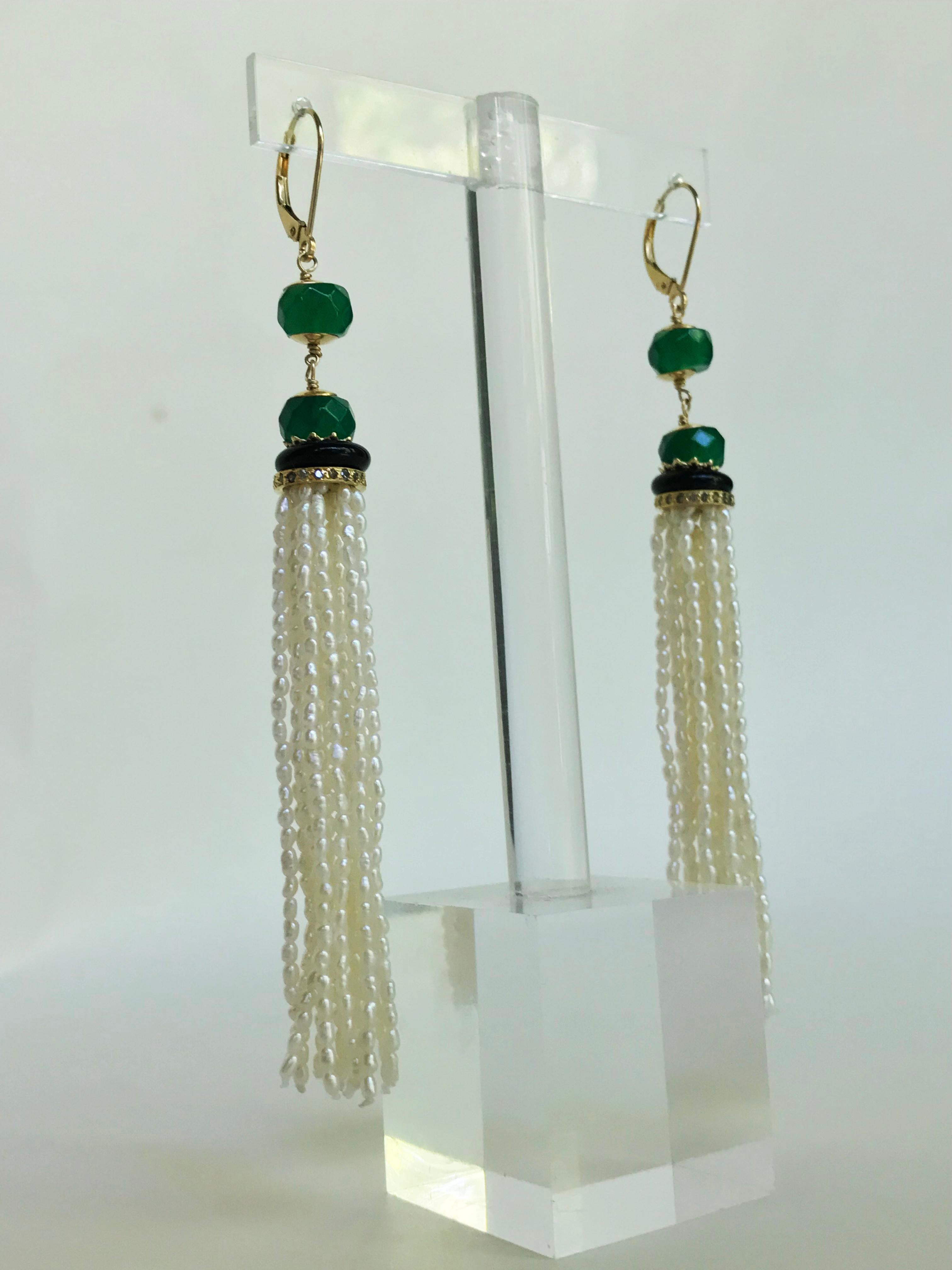 Artist Marina J Pearls, Green , Black Onyx Beaded Dangle Earrings with 14 K Yellow Gold