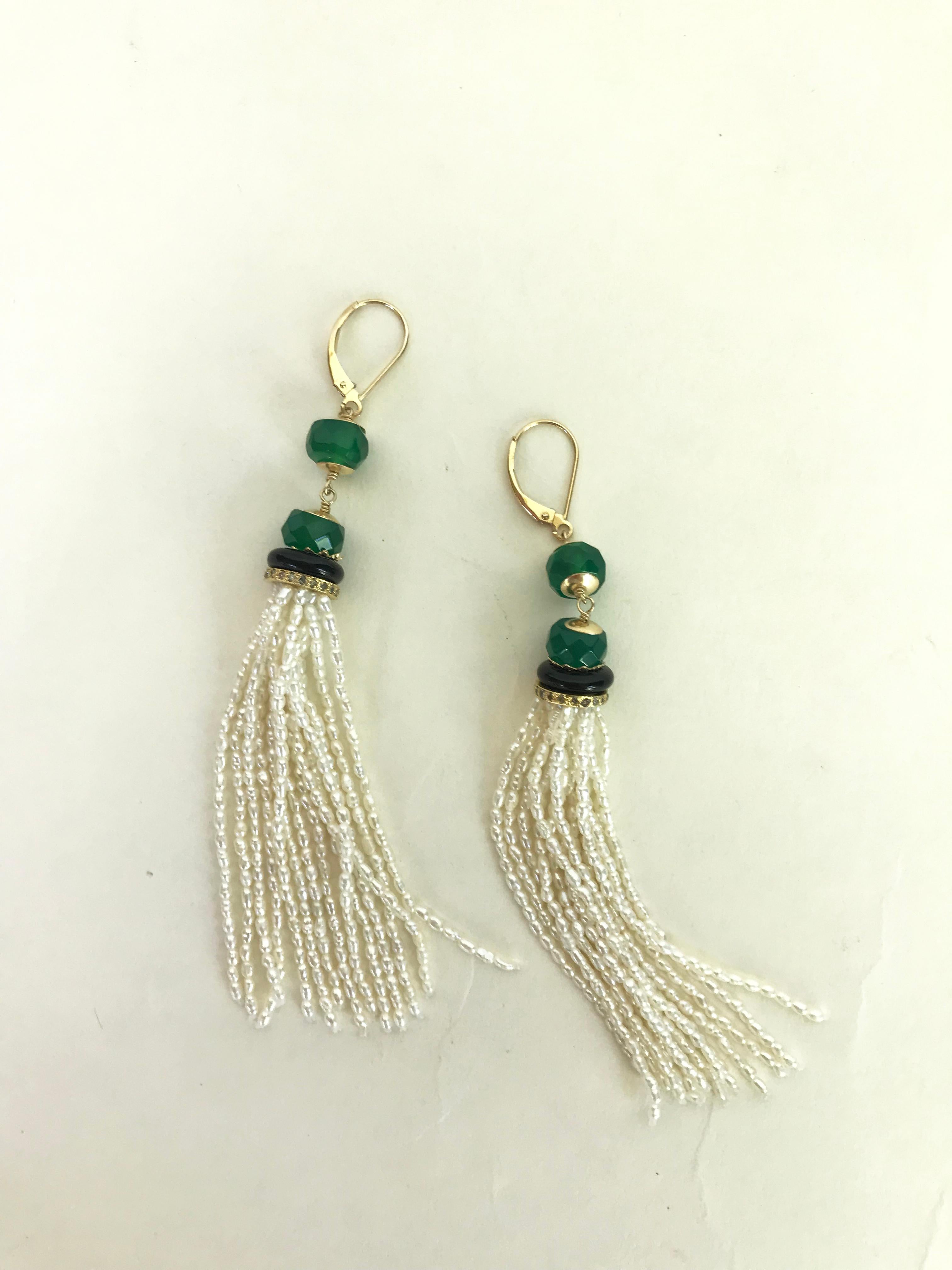 Marina J Pearls, Green , Black Onyx Beaded Dangle Earrings with 14 K Yellow Gold In New Condition In Los Angeles, CA