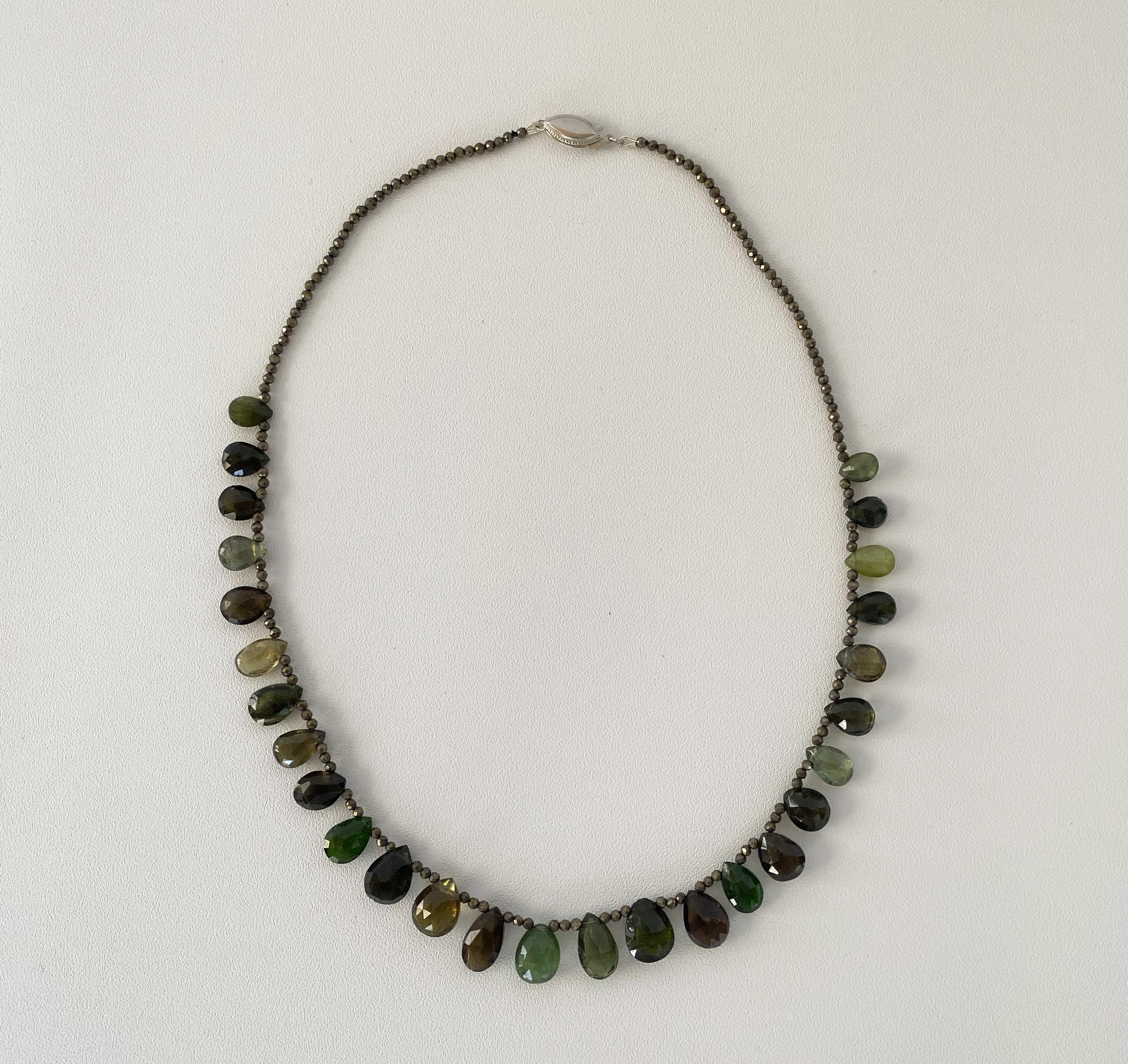 Briolette Cut Marina J. Green Tourmaline Necklace with Iridescent Spinel and Silver Clasp