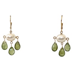 Marina J. Green Tourmaline & Pearl Three Drop Earrings with 14k Yellow Gold