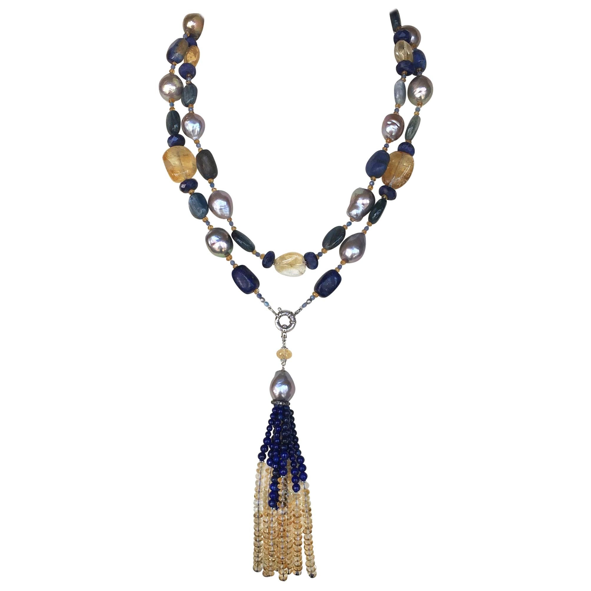 Marina J. Grey Pearl and Semiprecious Stones Sautoir Necklace with 14 Karat Gold