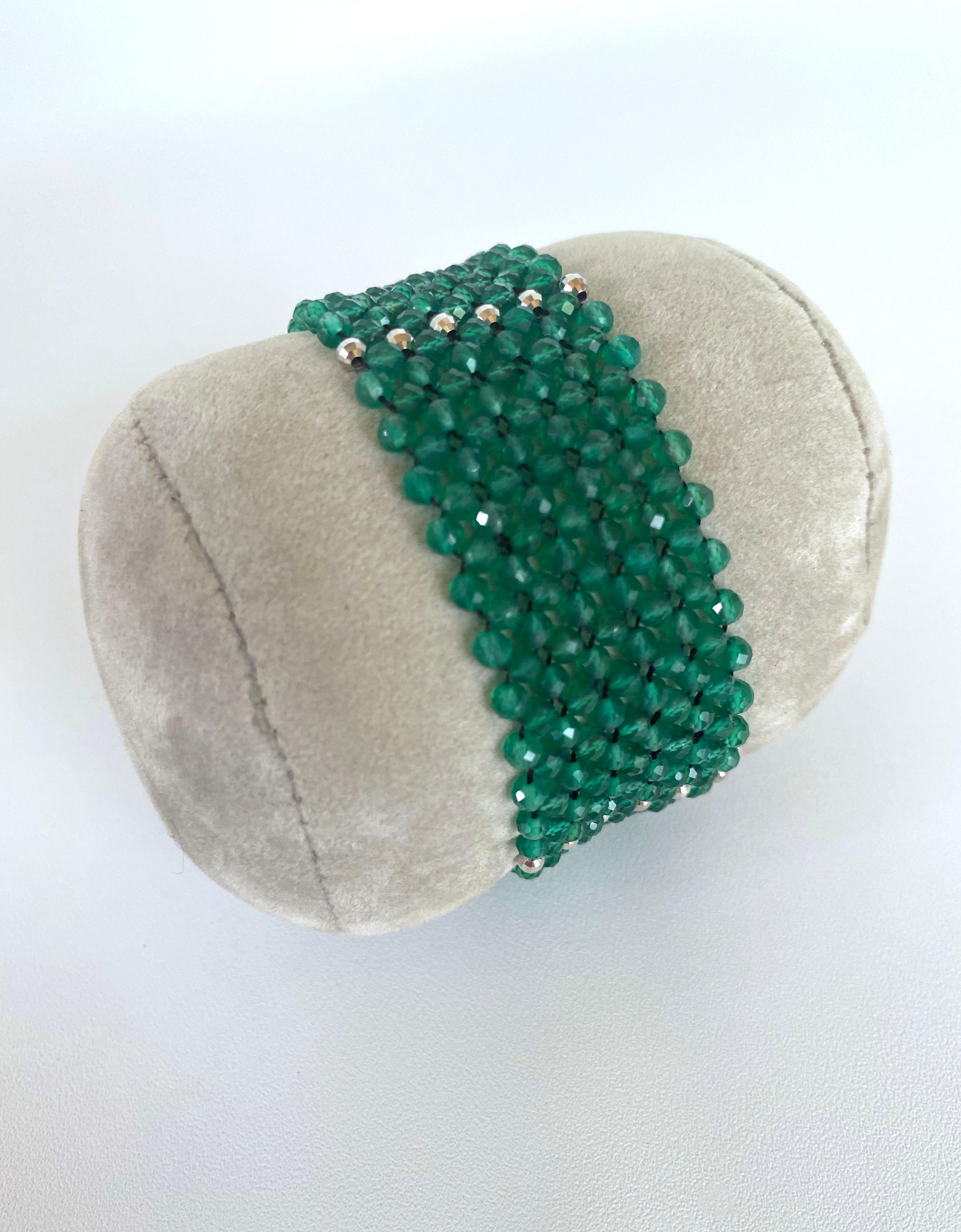 Artisan Marina J. Hand Woven Green Onyx beads Bracelet with Rhodium Plated  Silver clasp For Sale