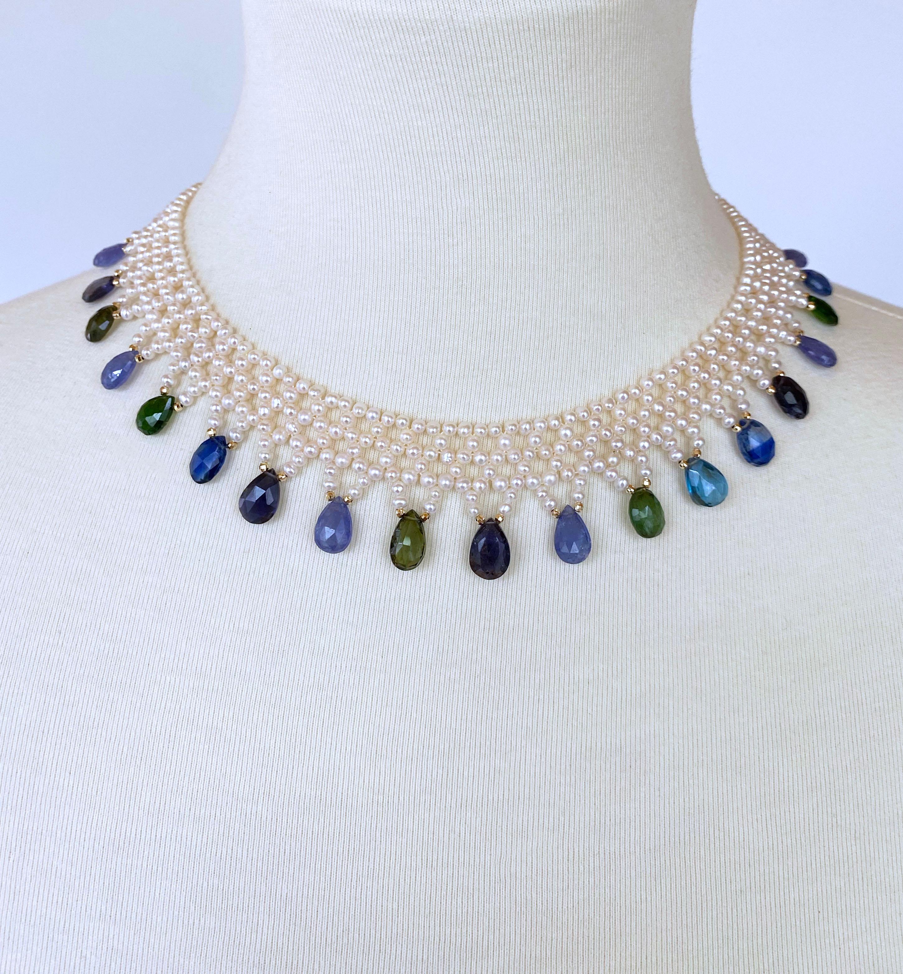 Classic piece from Marina J. This gorgeous hand made necklace features high luster Pearls, woven into a tight lace design. The mutli colored cool toned Jewel briolettes adorn this necklace with faceted 14K Yellow Gold accents. Briolletes around the