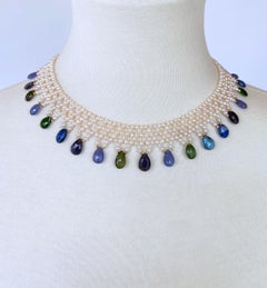 Marina J. Hand Woven Multi Jewel and Pearl Necklace with 14K Yellow Gold