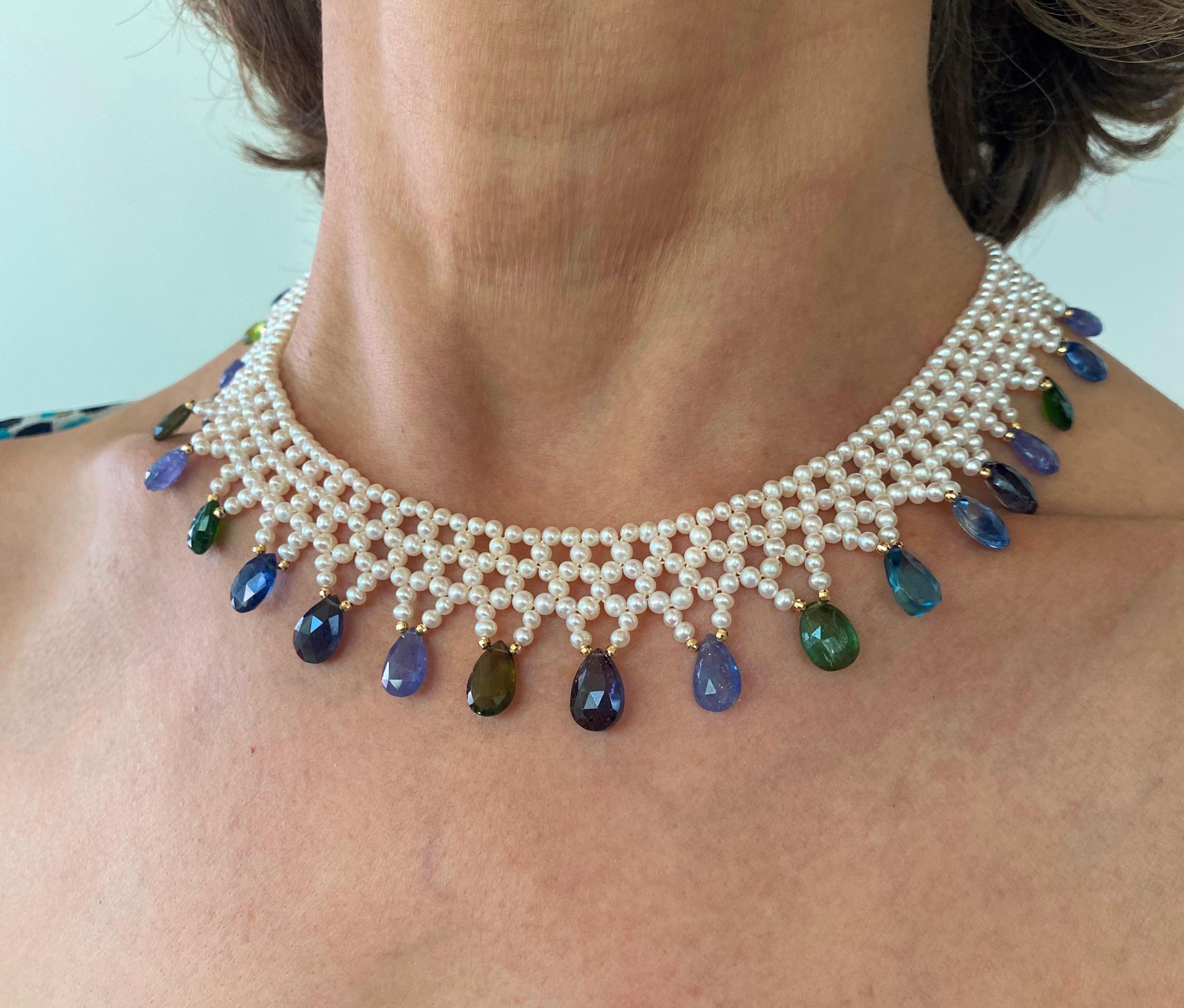 Marina J. Handgewebte Halskette aus Multi Jewel und Perle mit 14 Karat Gelbgold im Zustand „Neu“ im Angebot in Los Angeles, CA