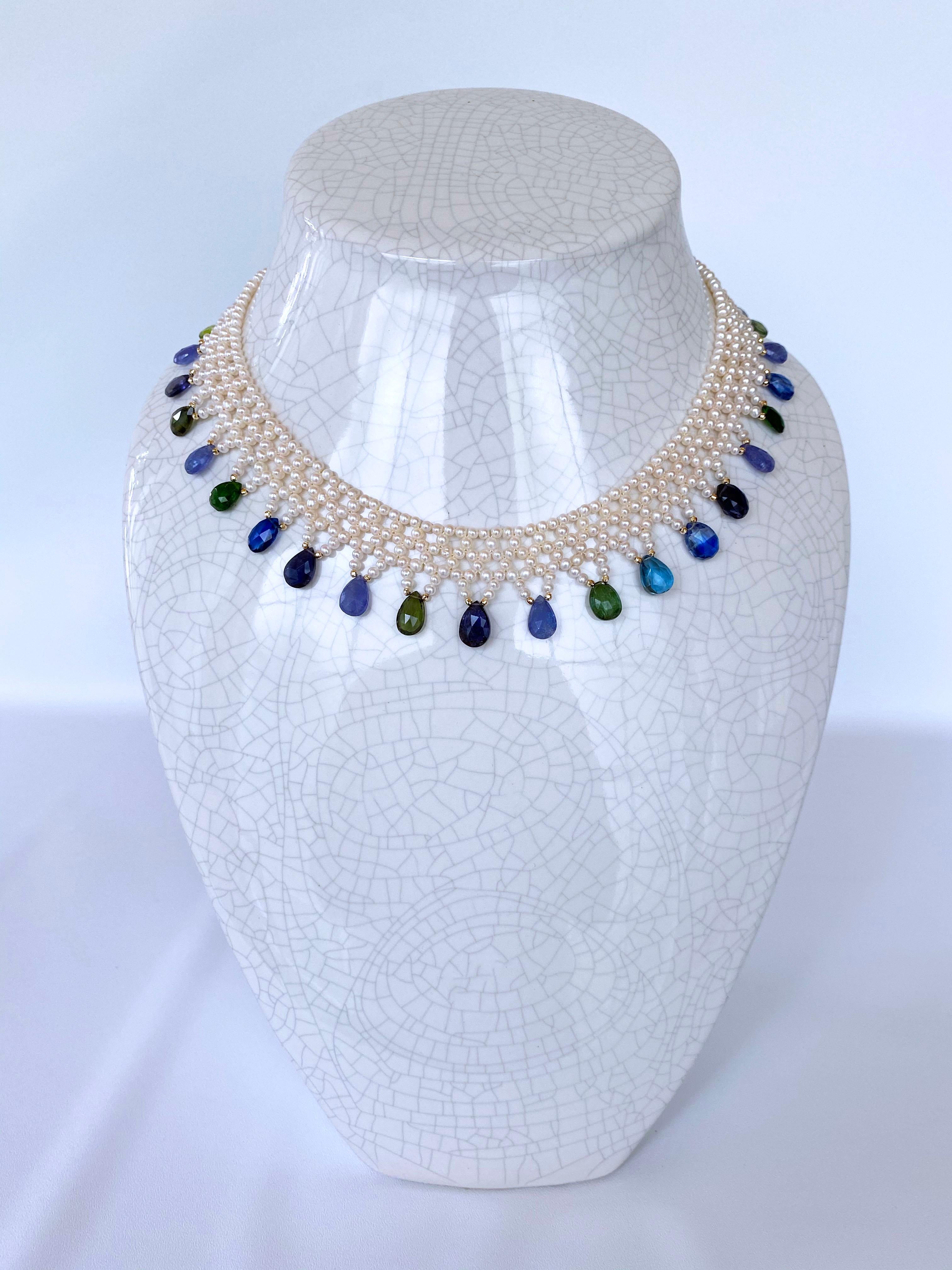Marina J. Handgewebte Halskette aus Multi Jewel und Perle mit 14 Karat Gelbgold Damen im Angebot