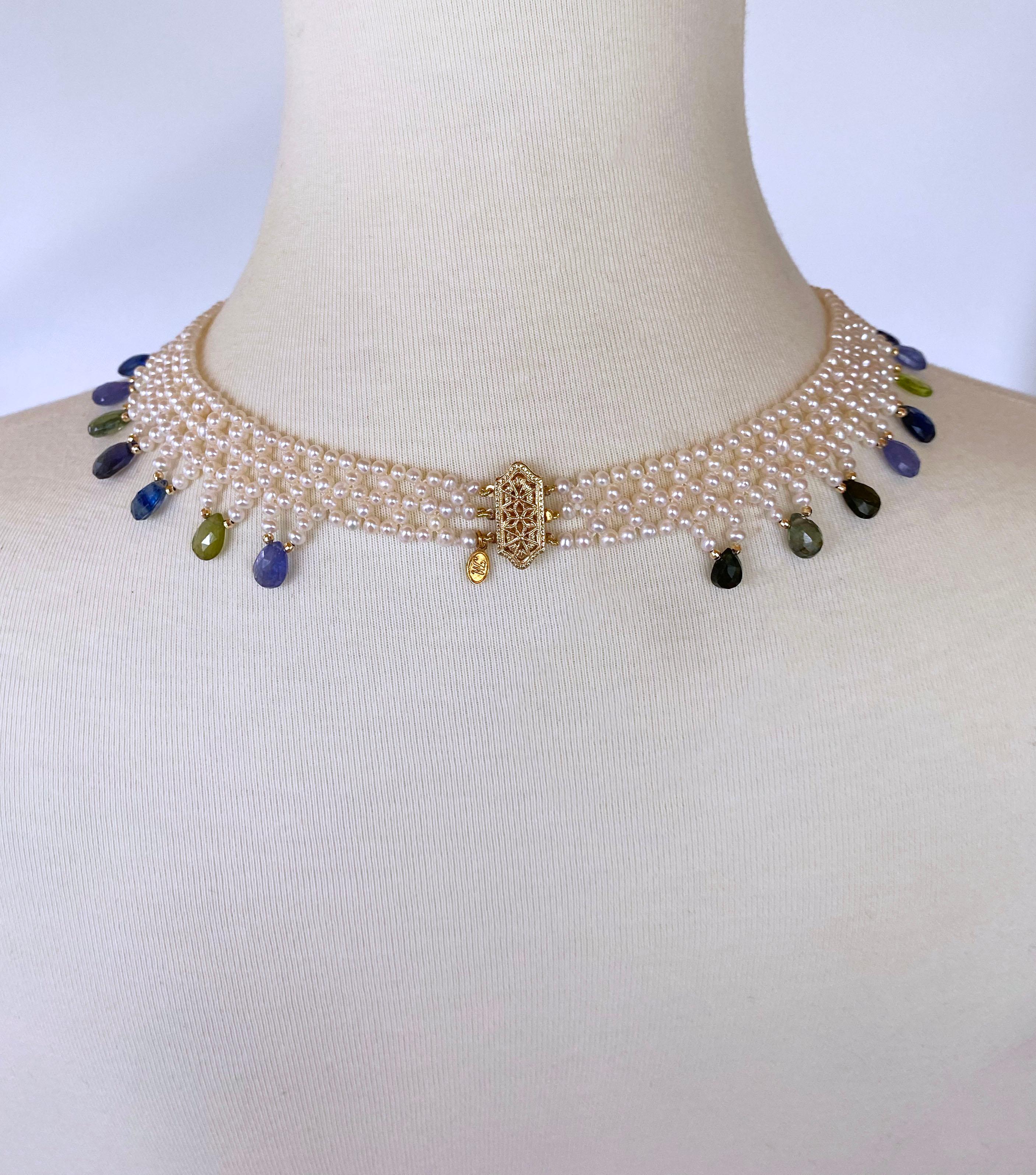 Marina J., collier tissé à la main de nombreux bijoux et perles avec or jaune 14 carats en vente 1