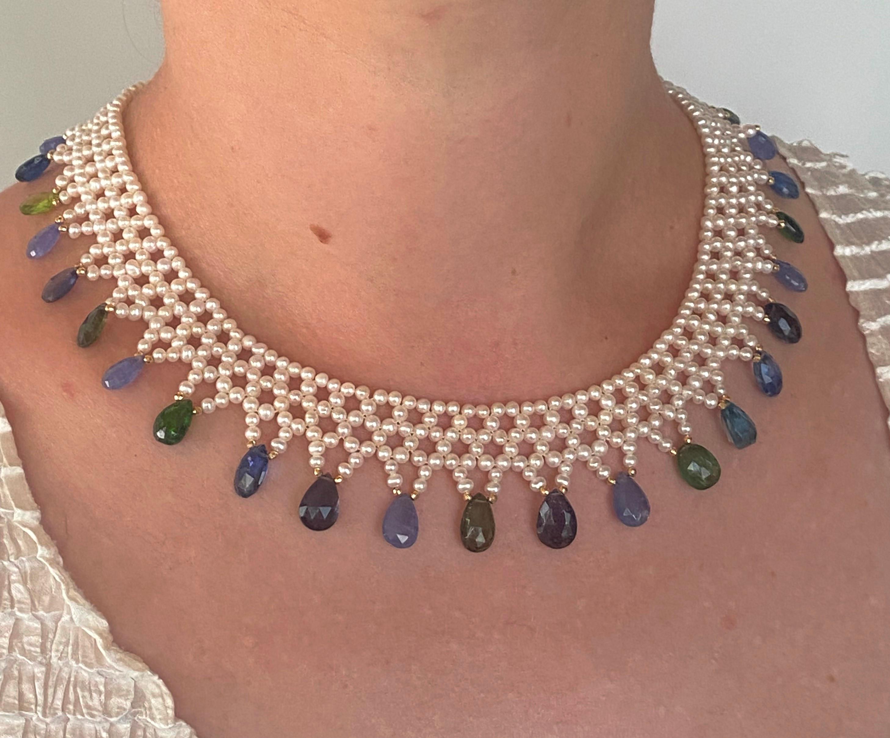 Marina J., collier tissé à la main de nombreux bijoux et perles avec or jaune 14 carats en vente 2