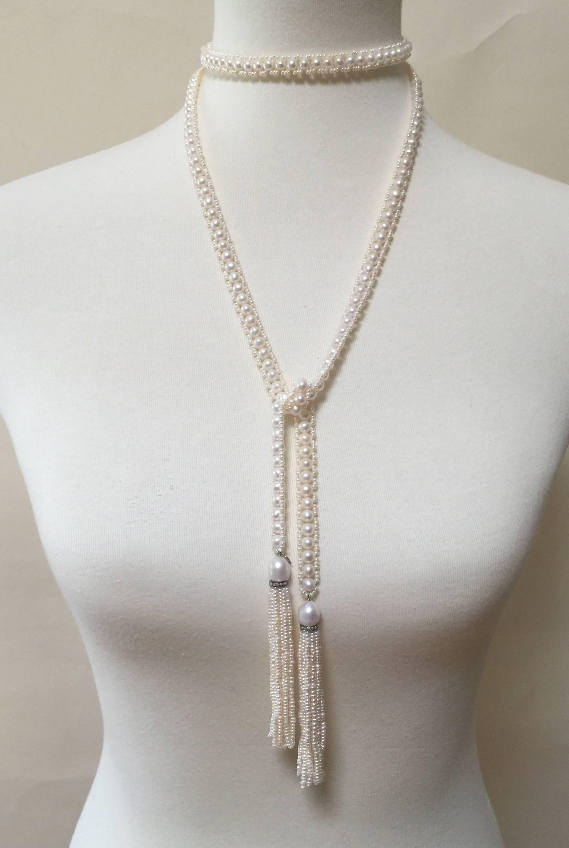 Artist Marina J intricately Woven Pearl Sautoir with Pearl Tassels  Diamond rondales  For Sale