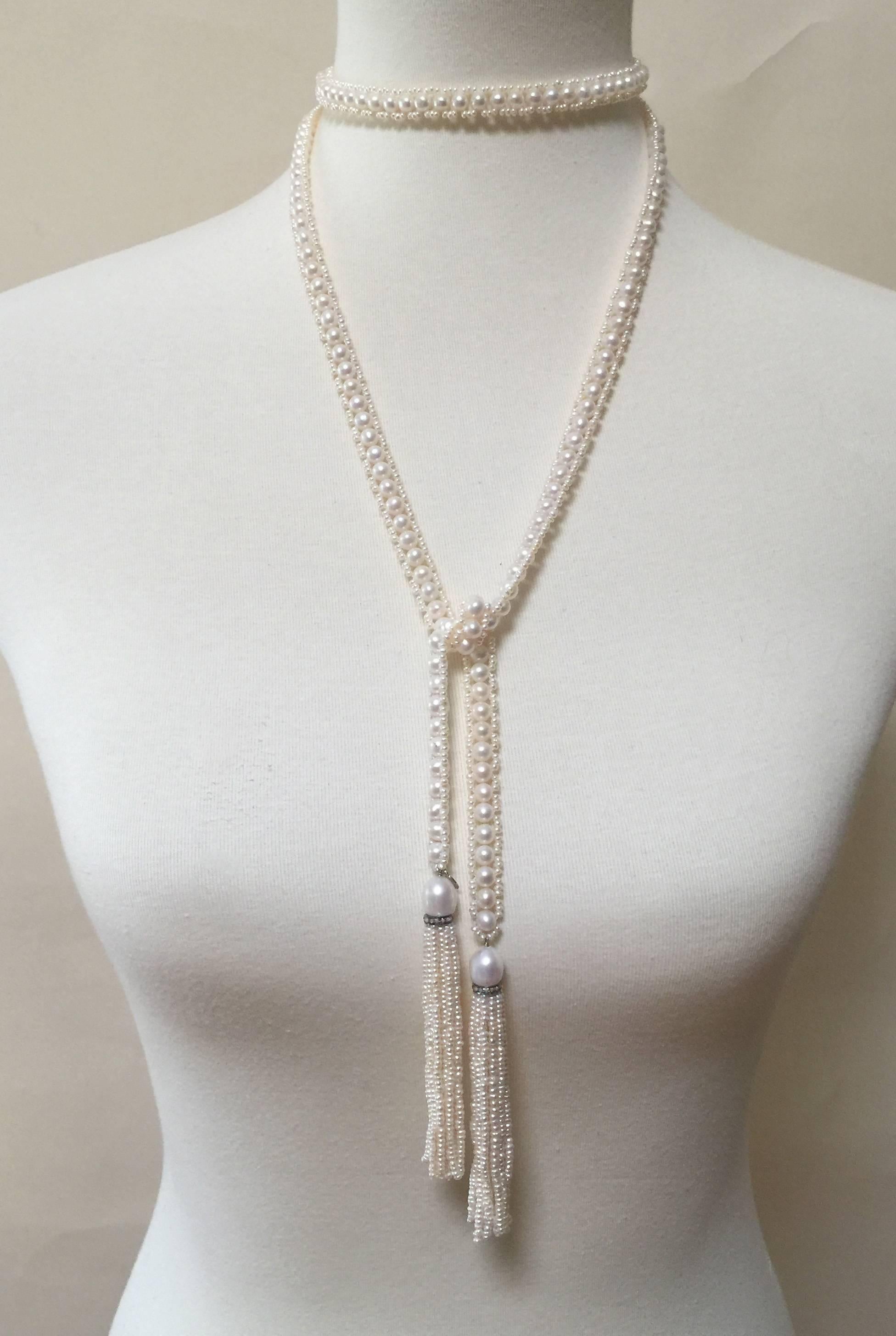 Artist Marina J intricately Woven Pearl Sautoir with Pearl Tassels  Diamond rondales