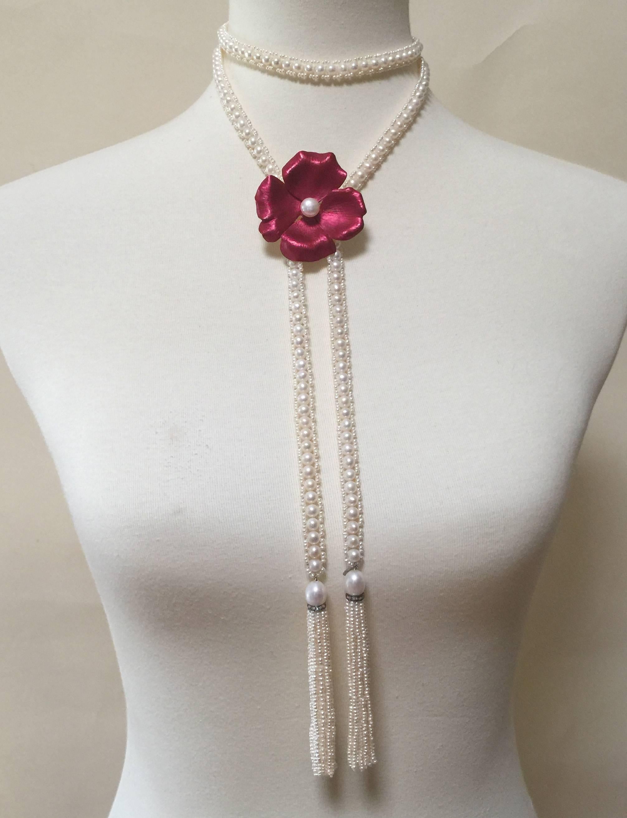 Bead Marina J intricately Woven Pearl Sautoir with Pearl Tassels  Diamond rondales